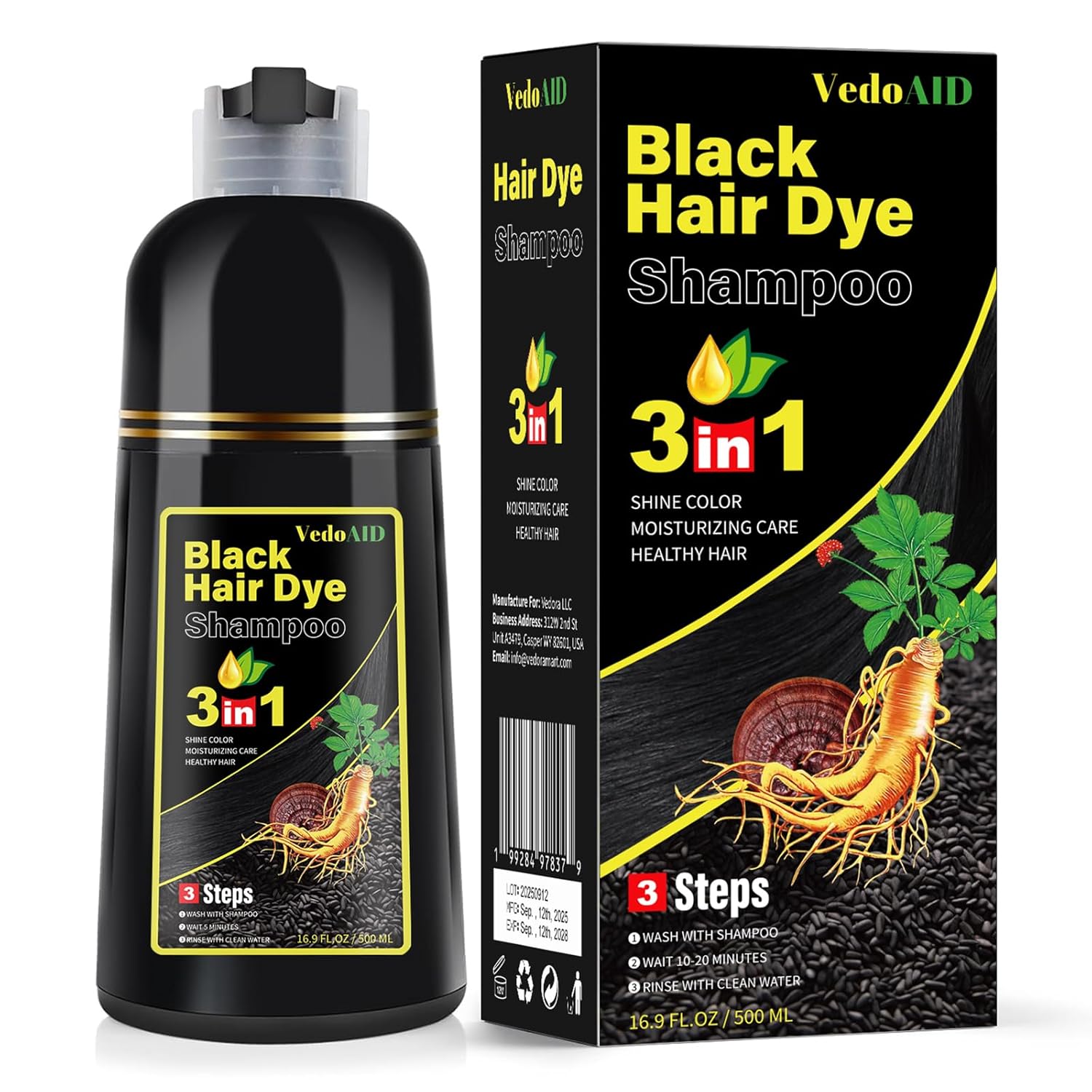 Black Hair Dye Shampoo 3 in 1 – Natural Herbal Hair Color Shampoo for Men & Women, Ammonia-Free Hair Dye, Gray Coverage, Ginseng & Black Sesame, Long Lasting, 500ml