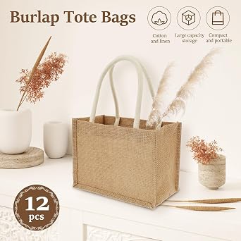 12 Pack Burlap Tote Bags,Reusable Jute Canvas Linen Bags with Handles,Bulk Shopping Grocery Kitchen Beach Picnic Bags for Women Wedding Bachelorette Bridesmaid DIY Decorate Party Favors