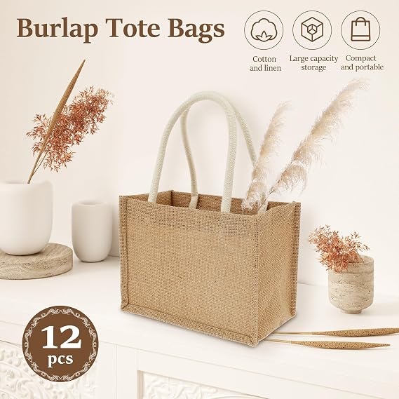 12 Pack Burlap Tote Bags,Reusable Jute Canvas Linen Bags with Handles,Bulk Shopping Grocery Kitchen Beach Picnic Bags for Women Wedding Bachelorette Bridesmaid DIY Decorate Party Favors