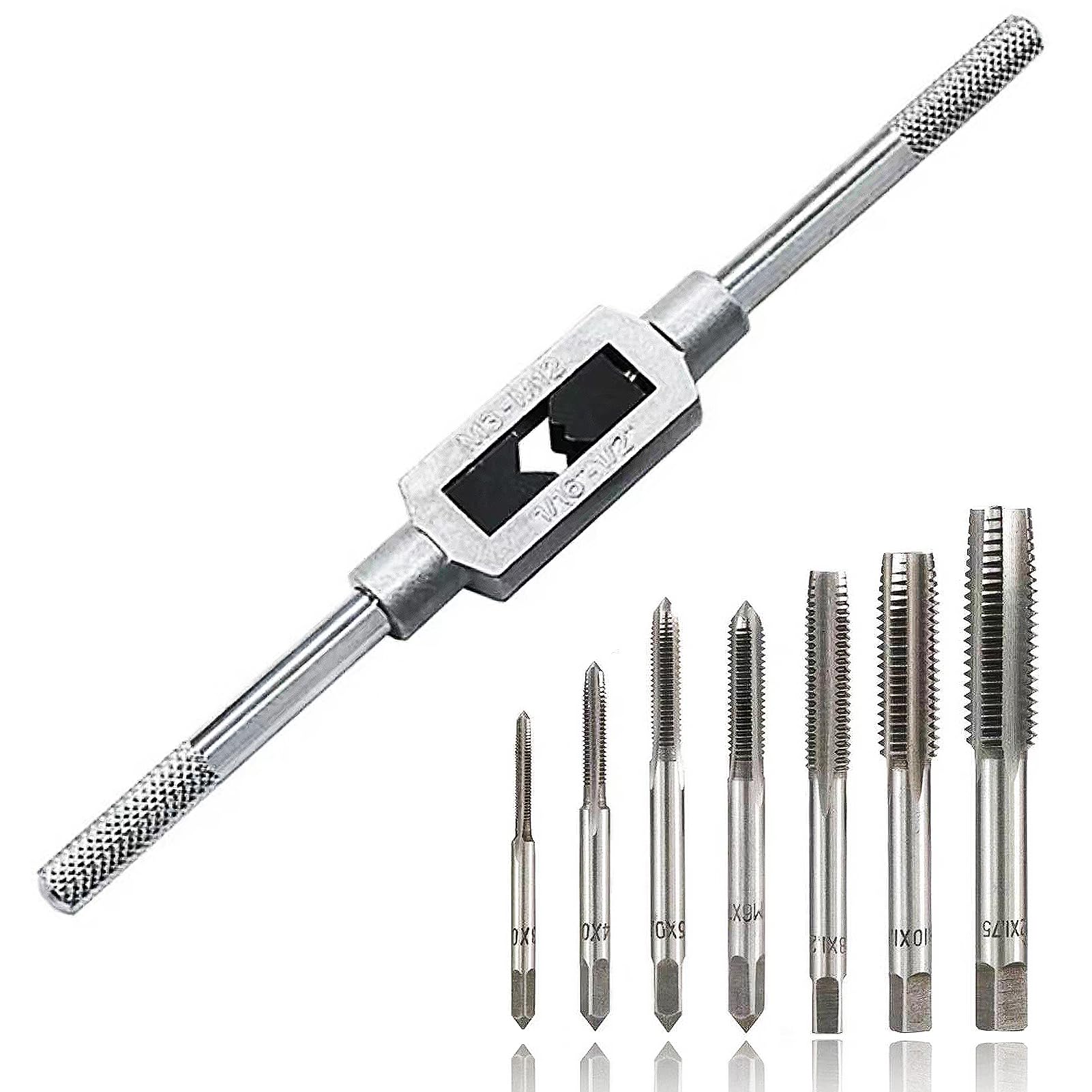 Metric Tap Set, 7 PCS Hand Screw Thread Plug Tap Metric and Standard Tap Set With Adjustable Tap Wrench Handle Reamer Wrench, Tapping Tool Set-M3 M4