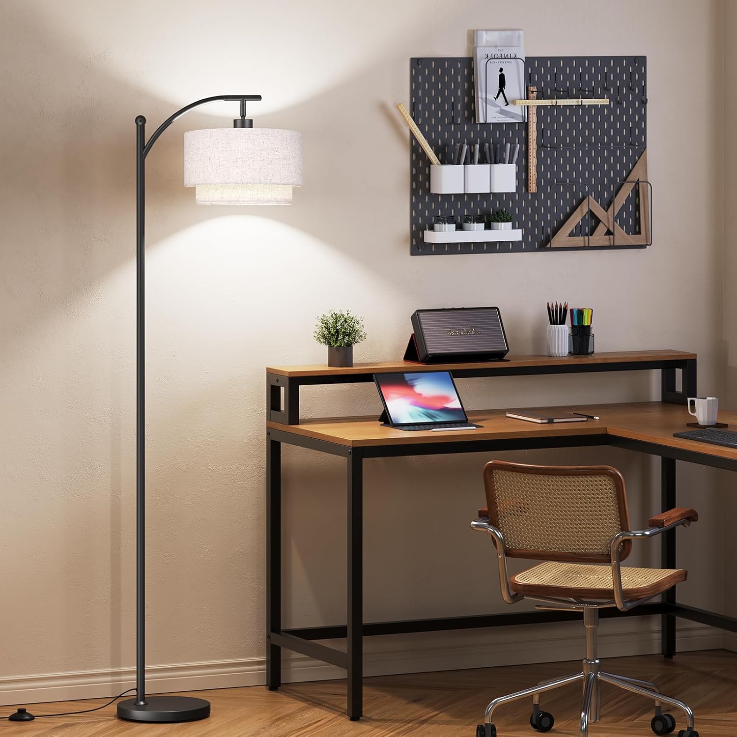 SUNMORY Floor Lamps for Living Room, Arc Floor Lamp with 12W 3 Color Temperatures LED Bulb, Modern Floor Lamps with Adjustable Double Fabric Shades, Tall Standing Lamp for Bedroom, Corner