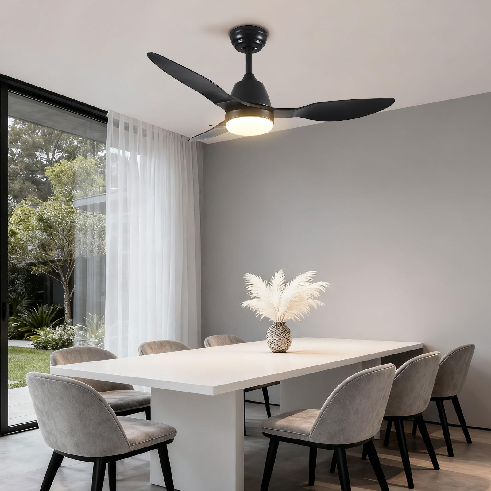 Ventilador de Techo Moderno Negro con luz, silencioso, Regulable, con Control Remoto Inteligente/App/Voz, 6 velocidades, Ideal para Dormitorio, Comedor y Sala de Estar.