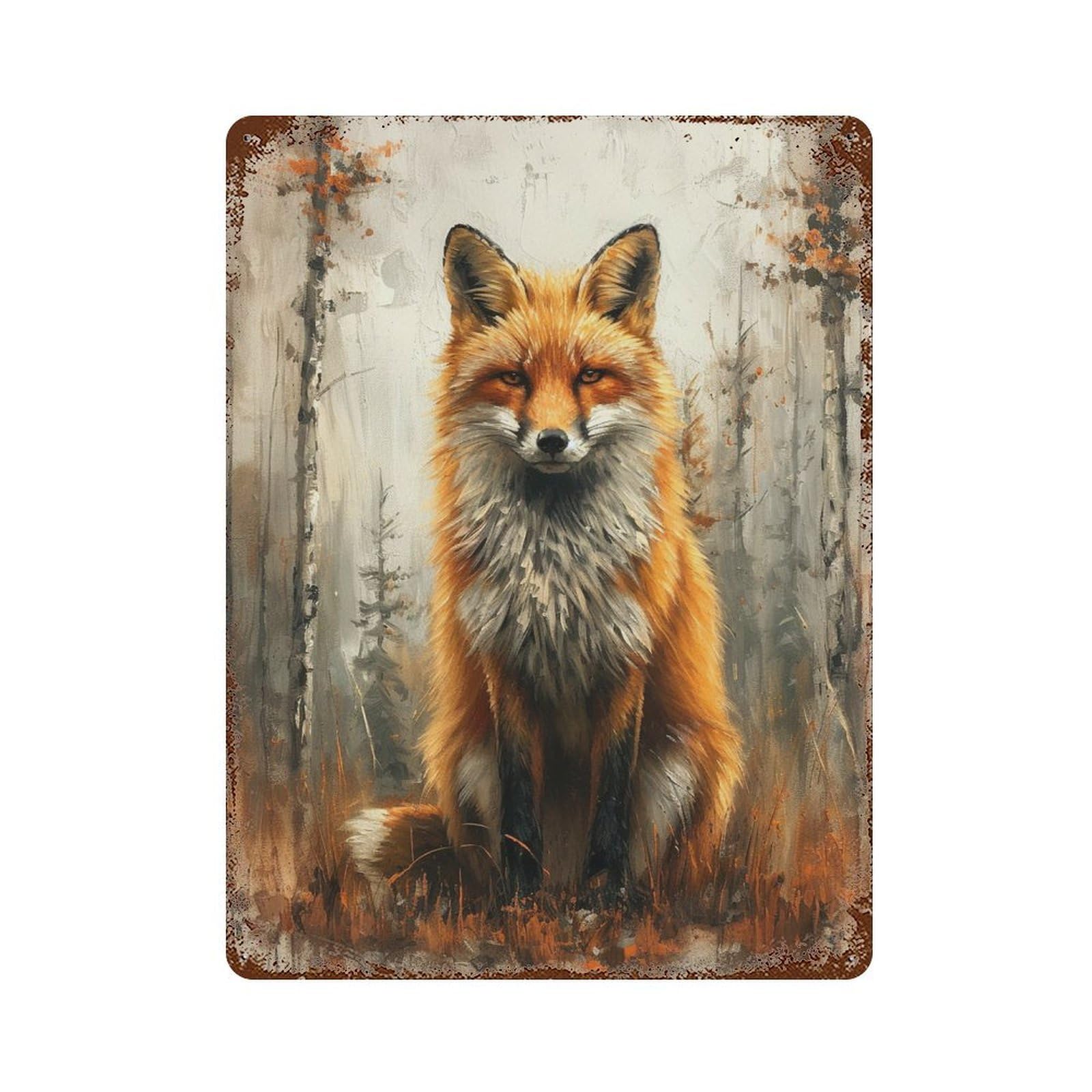 Rust Effect Fox in Forest Painting Decorative Tin Sign 15.7"x11.8", Classic Wall Plaque for Pub, Kitchen And Man Cave Decor