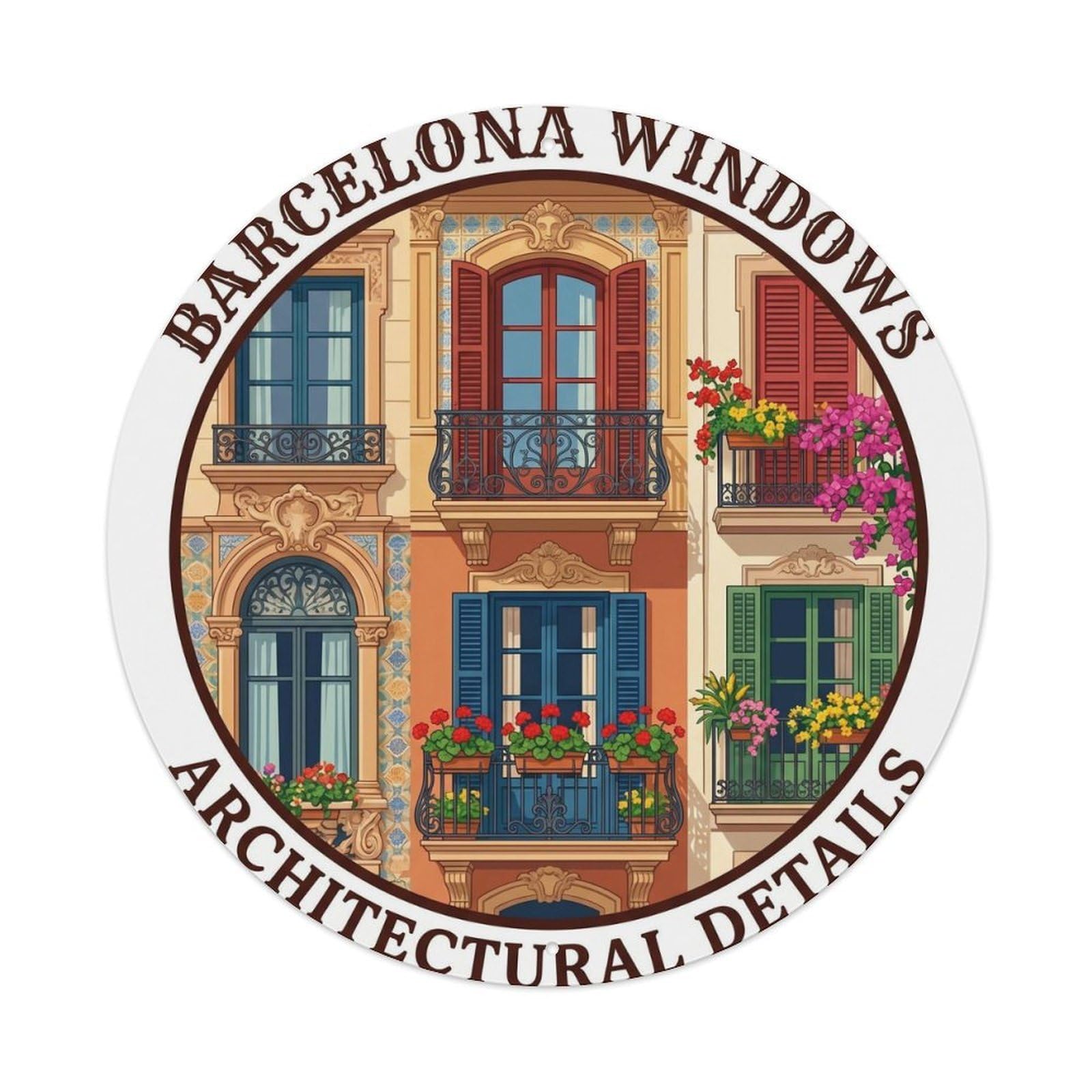 Barcelona Window Building Retro Travel Spanish Cityscape Metal Tin Sign Plaque Wall Decor for Cafe, Man Cave, Club Bar, Office, Home Garden Round Metal Poster 8x8Inch