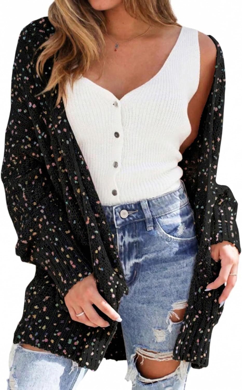 SELINK Women's Cardigan Sweater Casual Confetti Rib Knit Long Sleeve Cardigan Daily Outwear