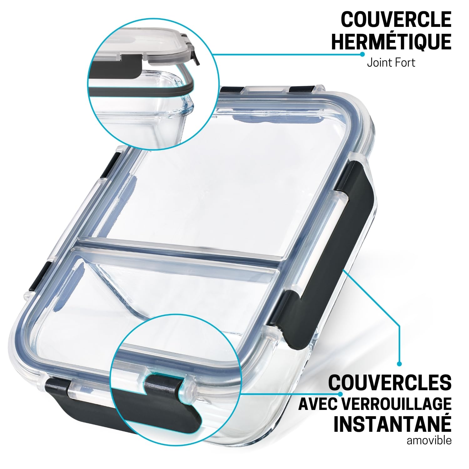 Igluu Meal Prep Boîtes Repas en Verre à 2 compartiments (Lot de 3) – Couvercle hermétique et sans BPA – Compatibles micro-ondes, four, congélateur et lave-vaisselle – 980 ml – Verre Borosilicate