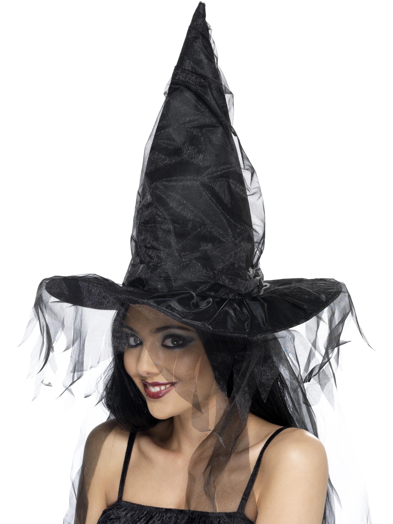 Smiffys Witch's Hat, Black with Netting, Halloween Fancy Dress Accessory, Witch Dress Up Hats