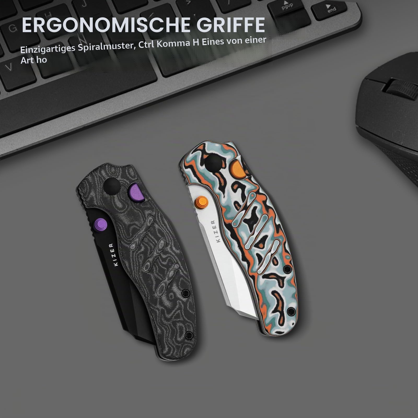 Kizer C01C 275 Sheepdog EDC Taschenmesser Klappmesser, V3488.27M2 | 7 cm AEB-L Klinge Campingmesser und Rot-grüner Micarta-Griff mit Wirbelmuster, Kleine Daumenknopf-Öffner Camping EDC-Messer