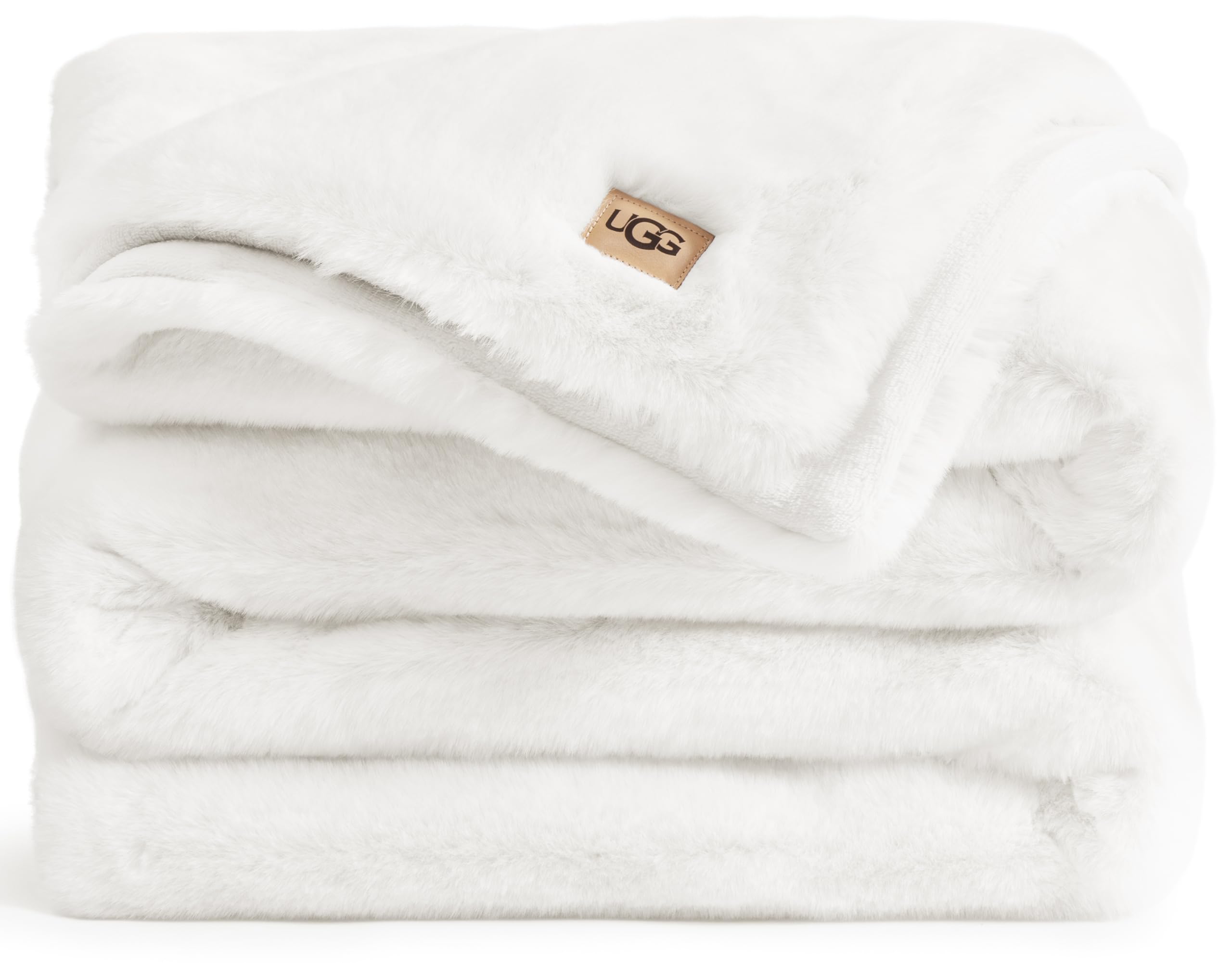 UGG 16796 Euphoria Plush Faux Fur Reversible Throw Blanket for Couch or Bed Luxury Hotel Style Machine Washable Soft Cozy Home Decor Fuzzy Fluffy Sofa Blanket, 70 x 50-inch, Snow
