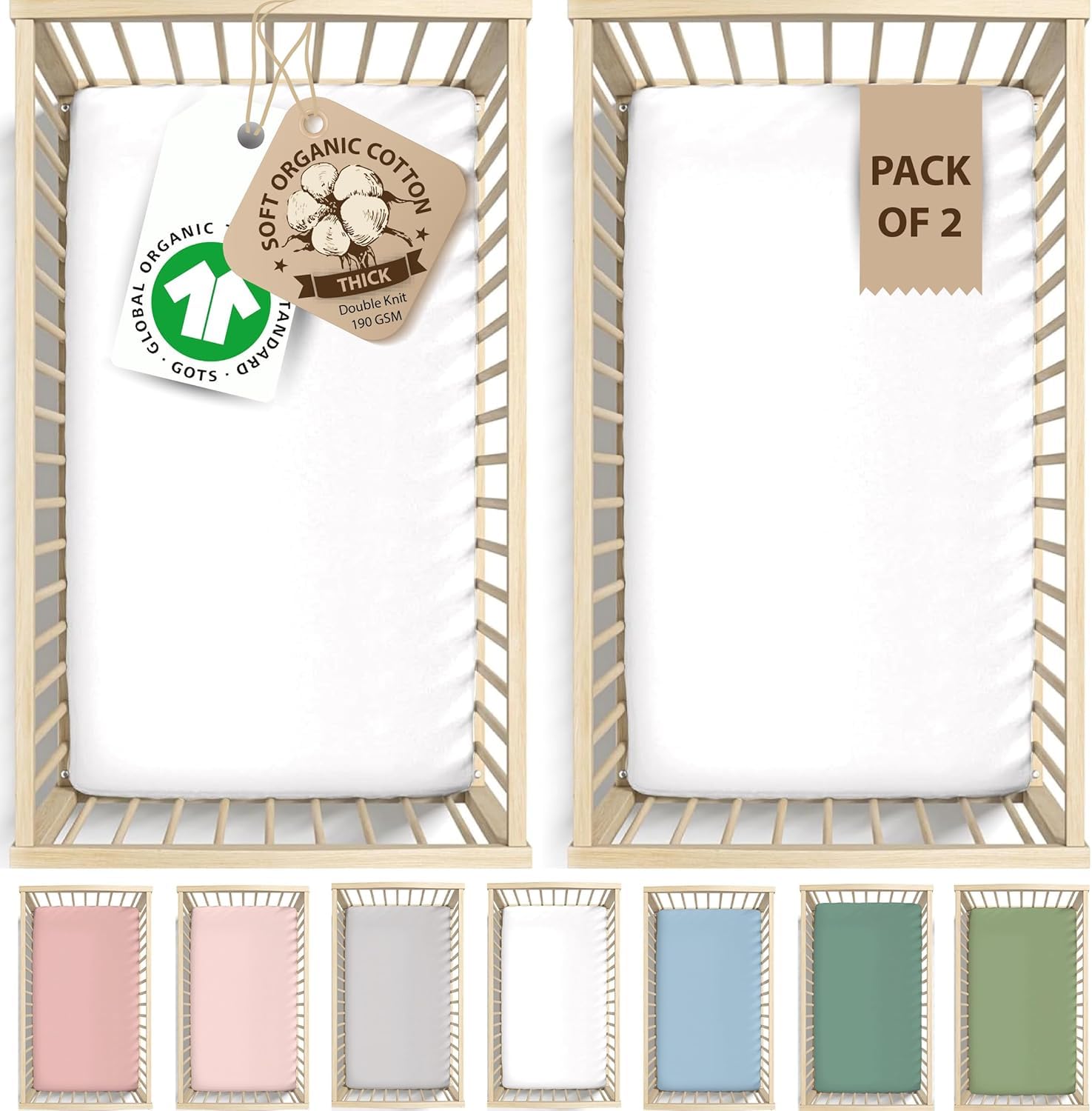 GOTS Organic 2 x Cot Sheets 120x60 Fitted - Cozy & Luxurious – 190GSM Organic Cotton - Baby Cot Sheet - 100% Organic Combed Cotton Baby Bedding - Cot Bed Sheets 60 x 120 — view 16
