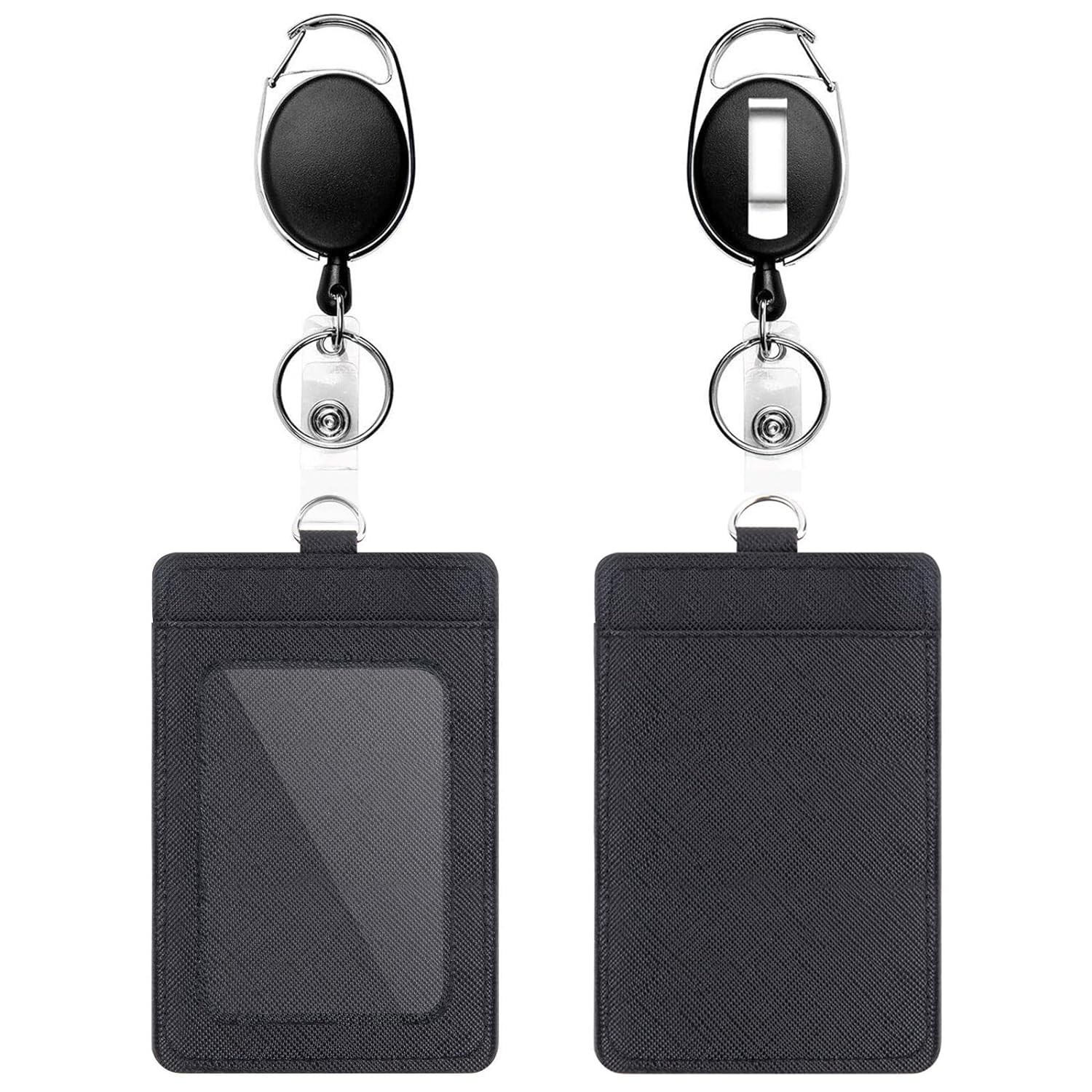 KASTWAVE Badge Holders, 2 Pack Heavy Duty Retractable Reel Clips Set with Carabiner Reel Clip, Upgraded Retractable Badge Reel X 2 and Vertical Leather ID Card Holder X 2, Black