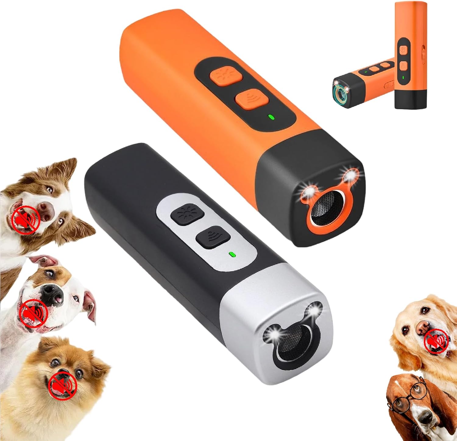 Dog Bark Deterrent Device with LED Flashlight, Ultrasonic Anti Barking Device for Dogs, Indoor Outdoor Use Rechargeable, Suitable for Training to Improve Bad Behavior (Orange + Black)