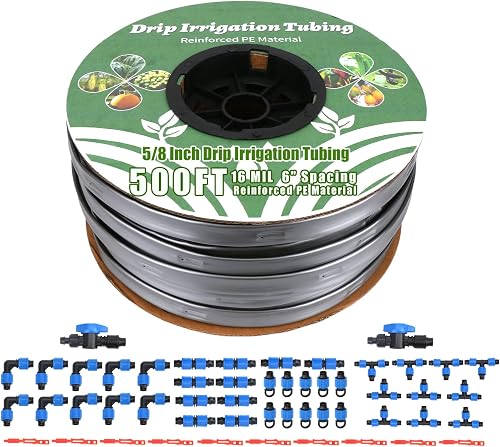 500FT 5/8" Drip Tape Irrigation Kit, 16 Mil Heavy Duty with 6" Emitter Spacing, Silver Reflective Drip Tape Helps Prevent Pecking & Biting Damage, Heat-Safe for Seedlings, Reinforced PE Material