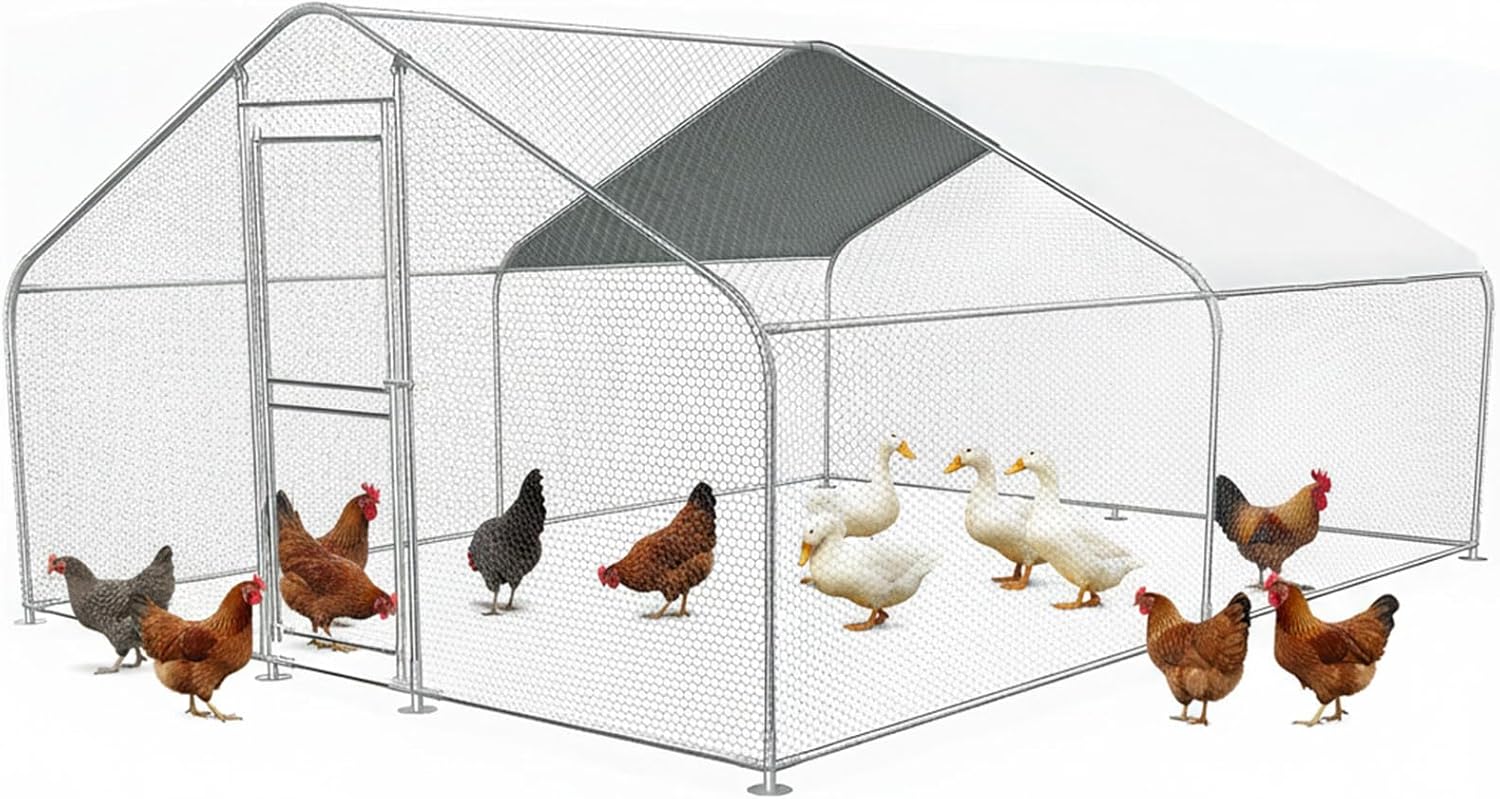 Generic 9.84x13.12x6.56FT Chicken Playpen Enclosure Lockable Duck Coop Cage with Cover Spire Roof Metal Chicken Run for Outdoor and Yard Farm Use