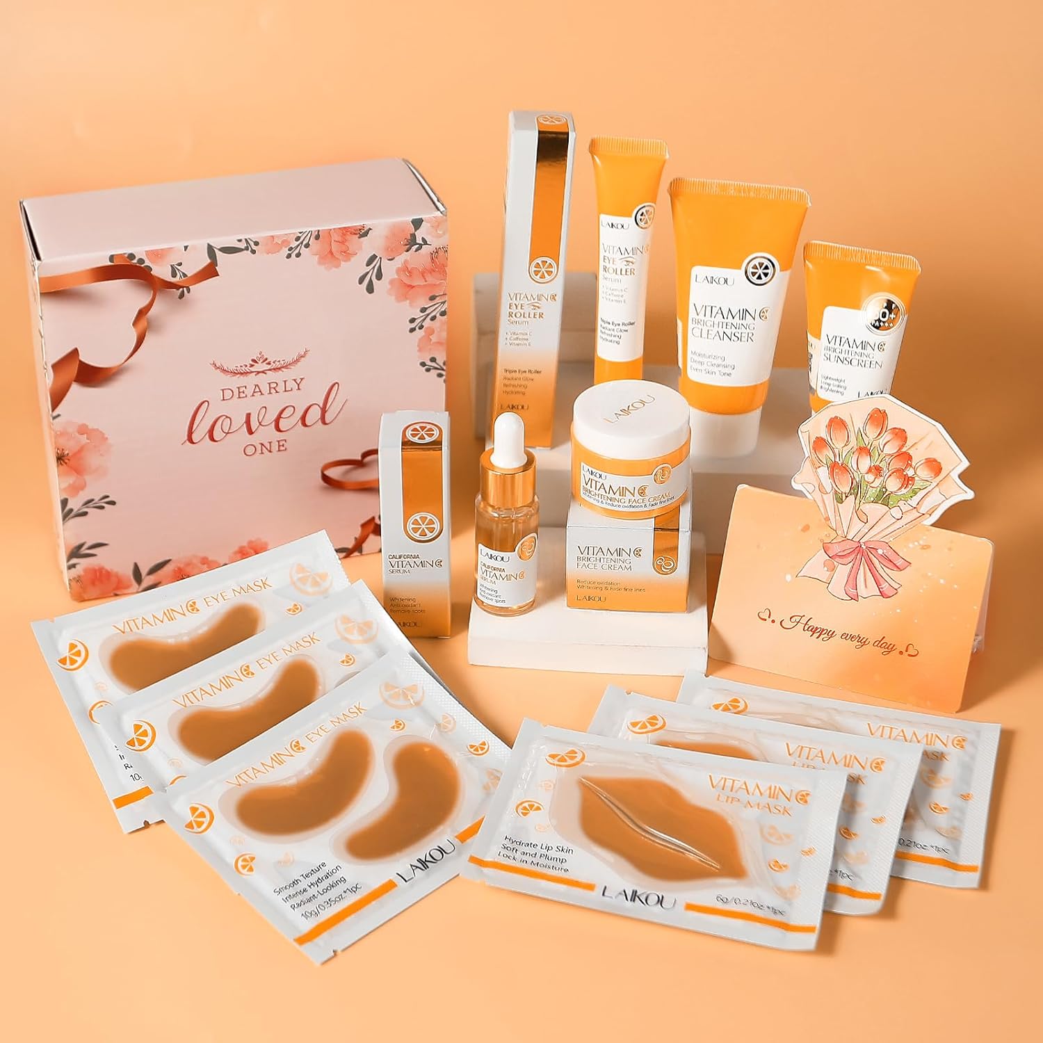 LAIKOU Facial Care Set with Vitamin C, 13-Piece Moisturizing Vitamin C Treatment with Eye Pads, Lip Pads, Cleansing Milk, Cream, Eye Cream, Essence and Sun Protection