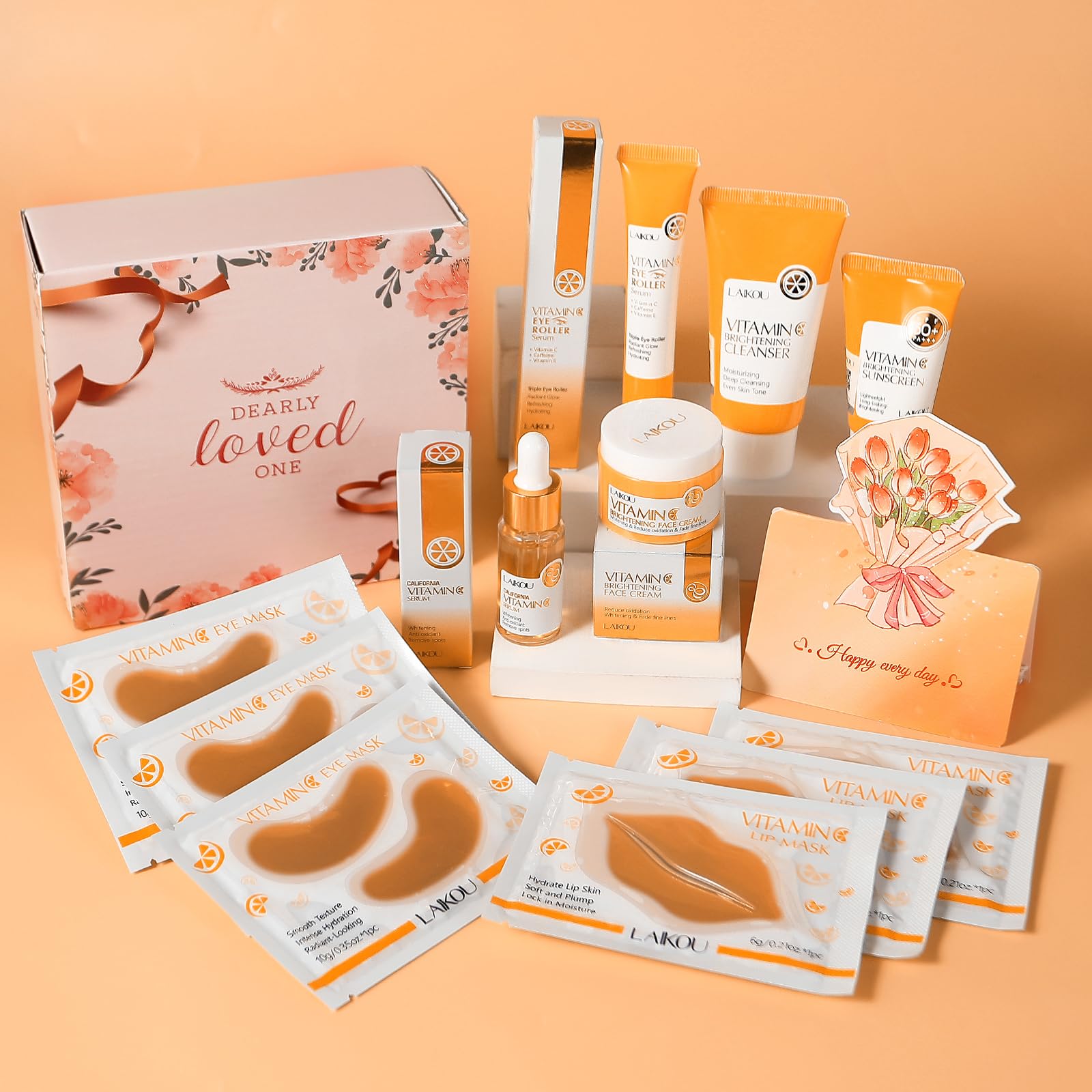 LAIKOU 11Pcs Vitamine C Kit Soin Visage Femme Voyage | Routine Beauté Visage avec Lait Nettoyant Crème Yeux Essence Masque Lèvres Masque Yeux Solaire, pour Adolescentes et Femmes