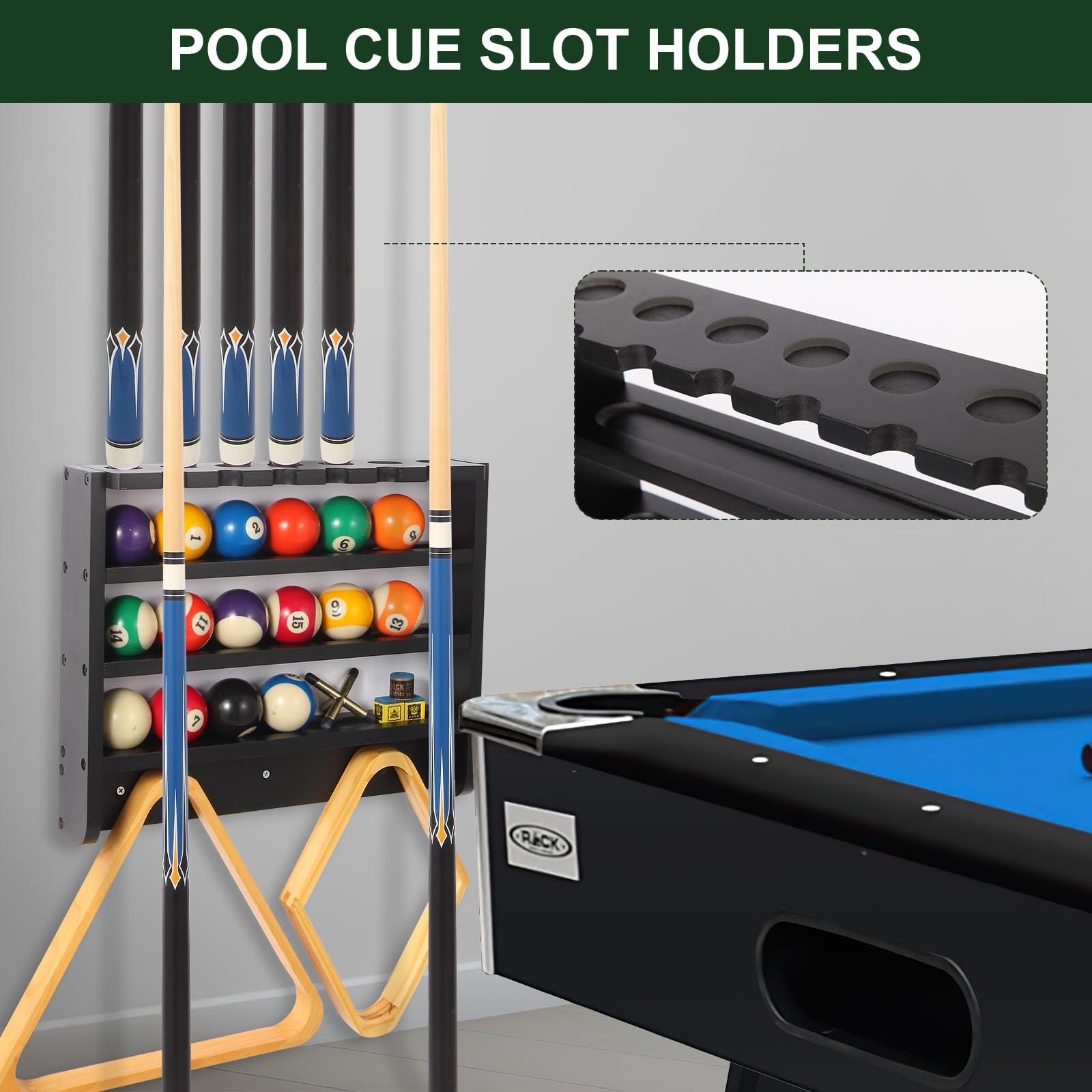 Supporto A Parete Per 7 Stecche Da Biliardo In Legno Massello - Porta Stecche Con Ripiano Per Palline - 4