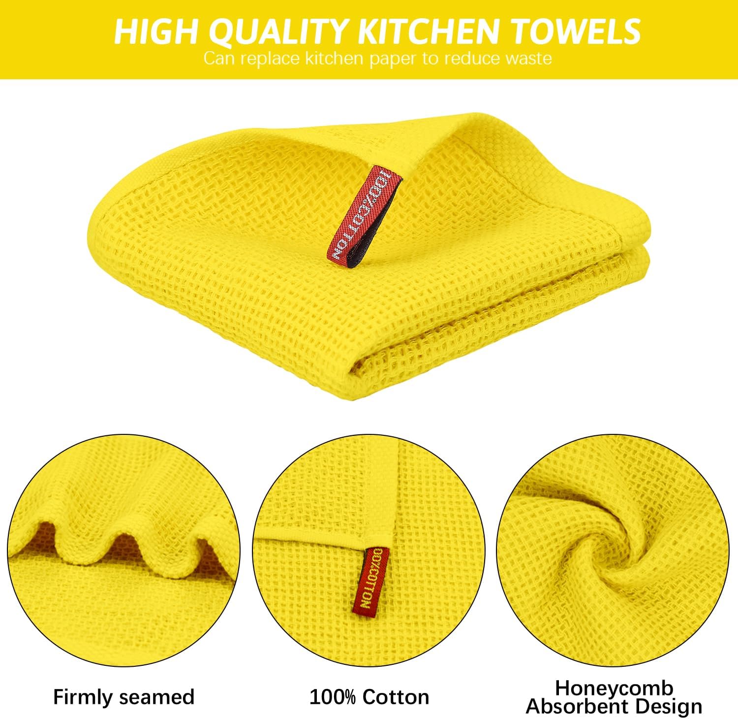 Nialnant 4 Pack Yellow Kitchen Dish Towels, 100% Cotton Waffle Weave Kitchen Dish Cloths for Washing Dishes, Soft Absorbent Dish Rags, Quick Drying Cleaning Rags - 12x12 in - Image 3