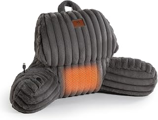 Amelie Home Heated Faux Fur Reading Pillow with Pocket - 3-Temperature Backrest for Sitting in Bed, USB-Powered Warming (113°F–131°F), 3H Auto Shutoff, Washable Cover, Grey, 17.7 Inches