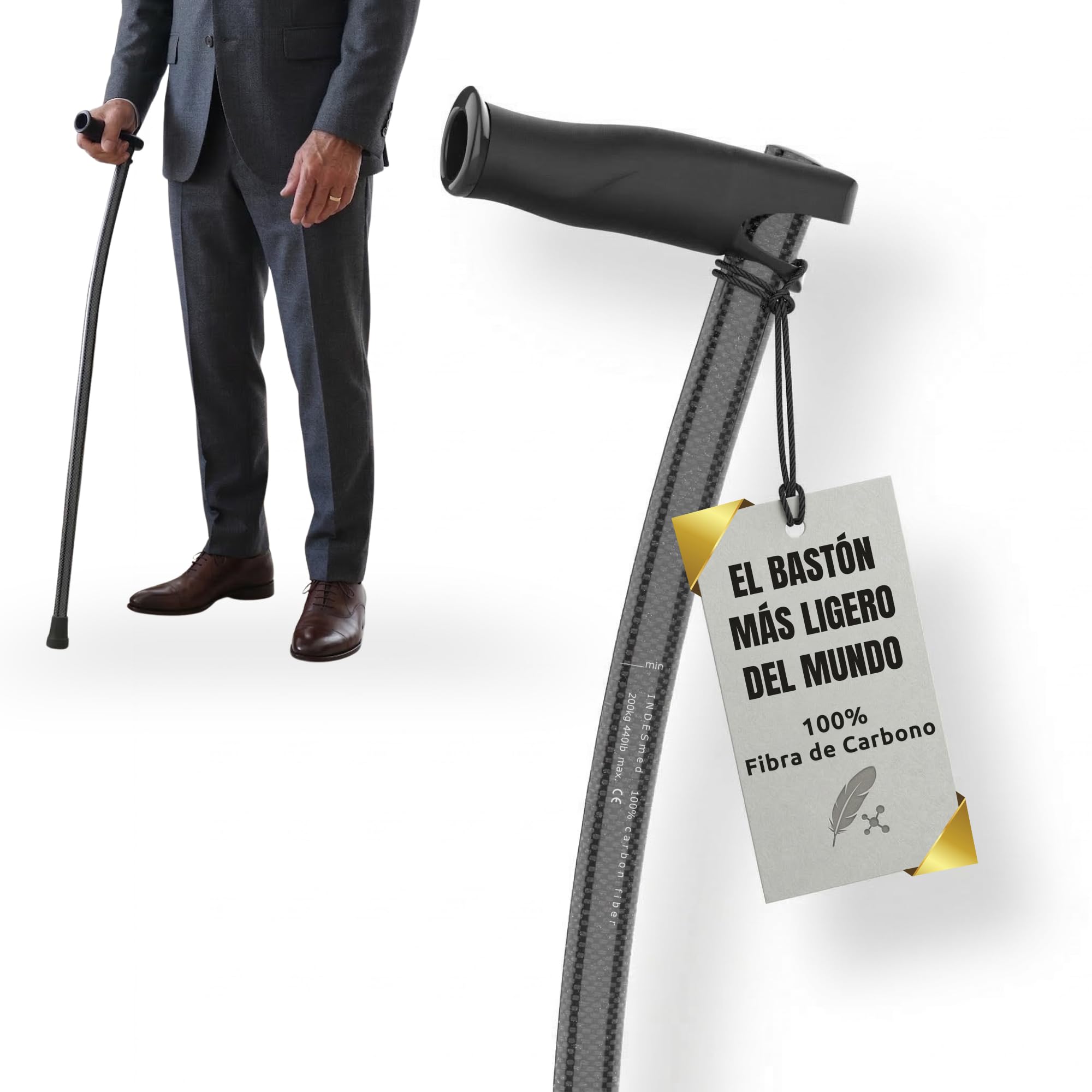 Bastón para Personas Mayores de Fibra de Carbono INDESmed | Ultra-Ligero, Ajustable, Ergonómico y Resistente | Ayuda para Caminar con Mango Antitendinitis | Cómodo y Seguro (Negro, S (155-165cm))