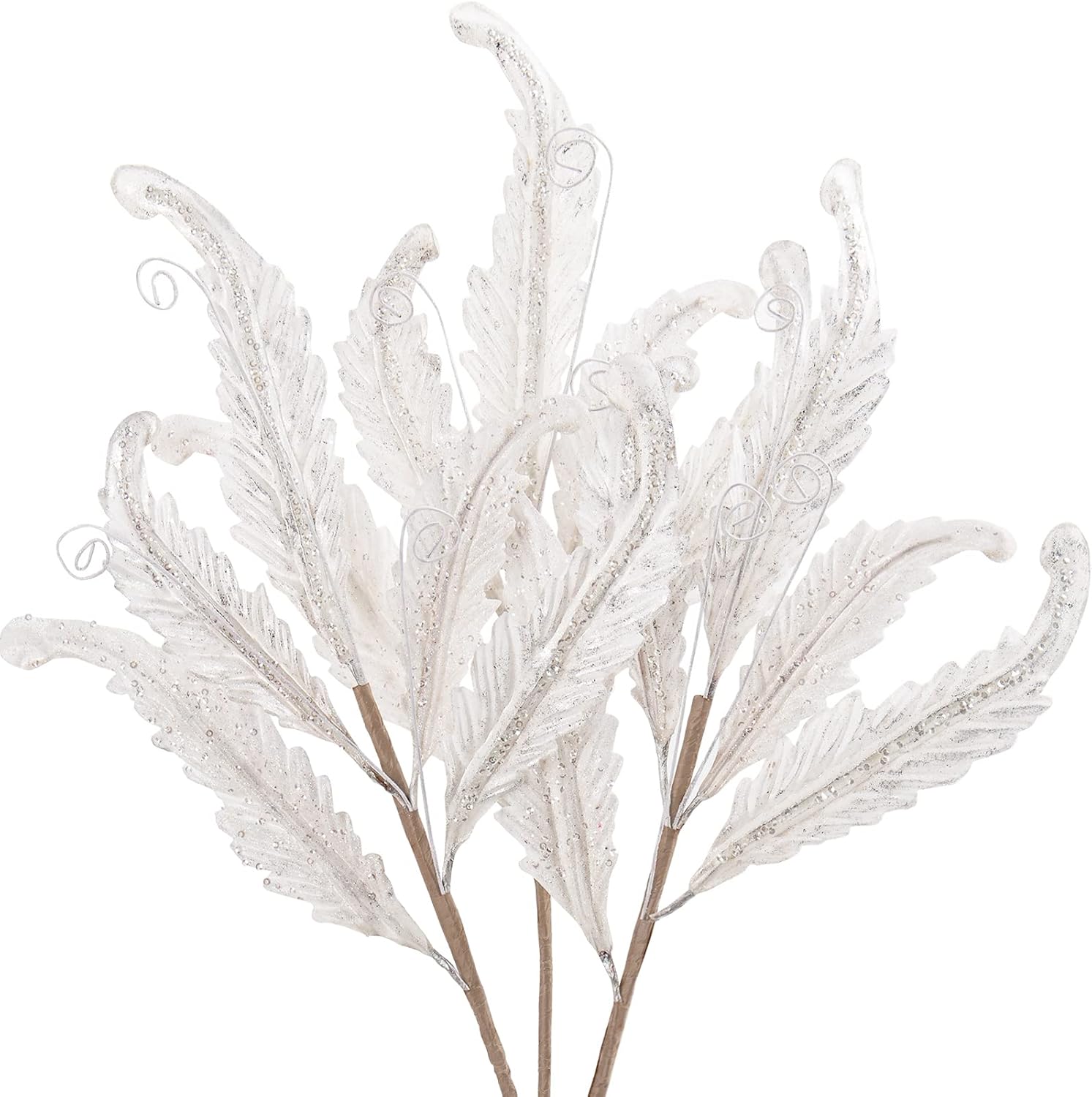 3 Pcs Silver Glitter Leaves Large 27 Inch Artificial Glittered Leaf Picks and Spray Stems Ornament for Tree Wedding DIY Xmas Wreath Garland Floral Arrangement Christmas Home Decor - White White#3pcs