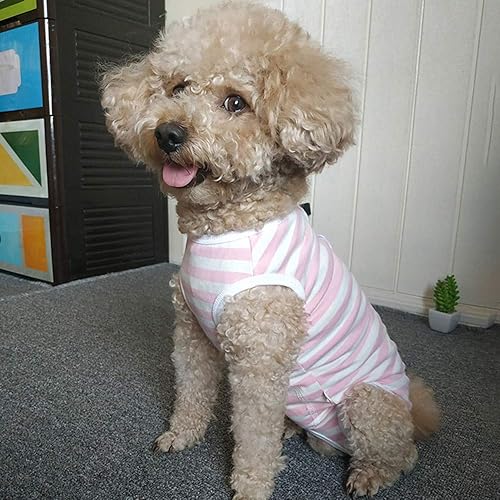 Miniatura 5 de Traje de recuperación de perros para cachorros, camisa de protección de heridas para animales (rayas rosas y blancas)
