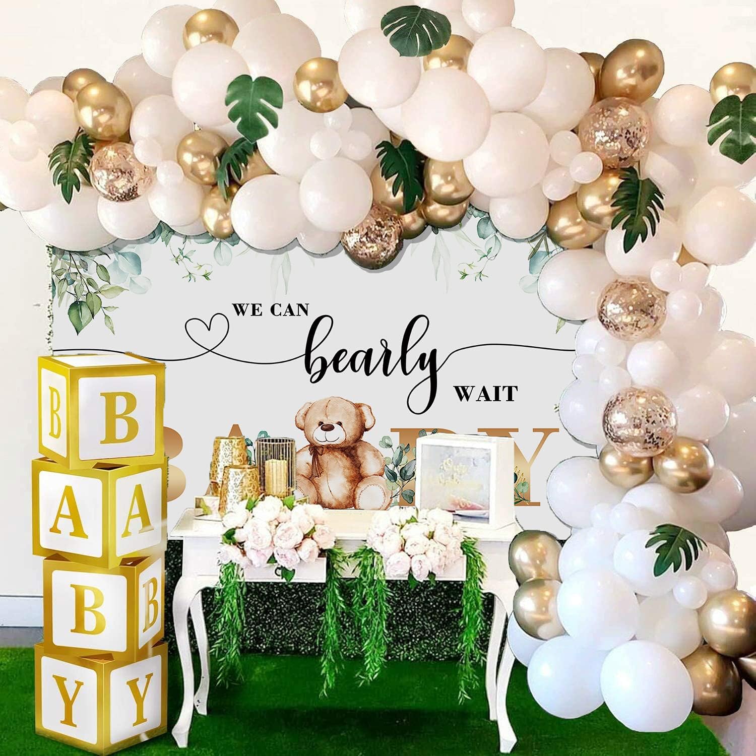 WANGRJ We Can Bearly Wait Bear Backdrop Green Watercolor Leaves Golden Baby Bear Lovely Photography Background Baby Shower birthday party Cake Table Decoration Photo Booth 7x5FT - Image 5