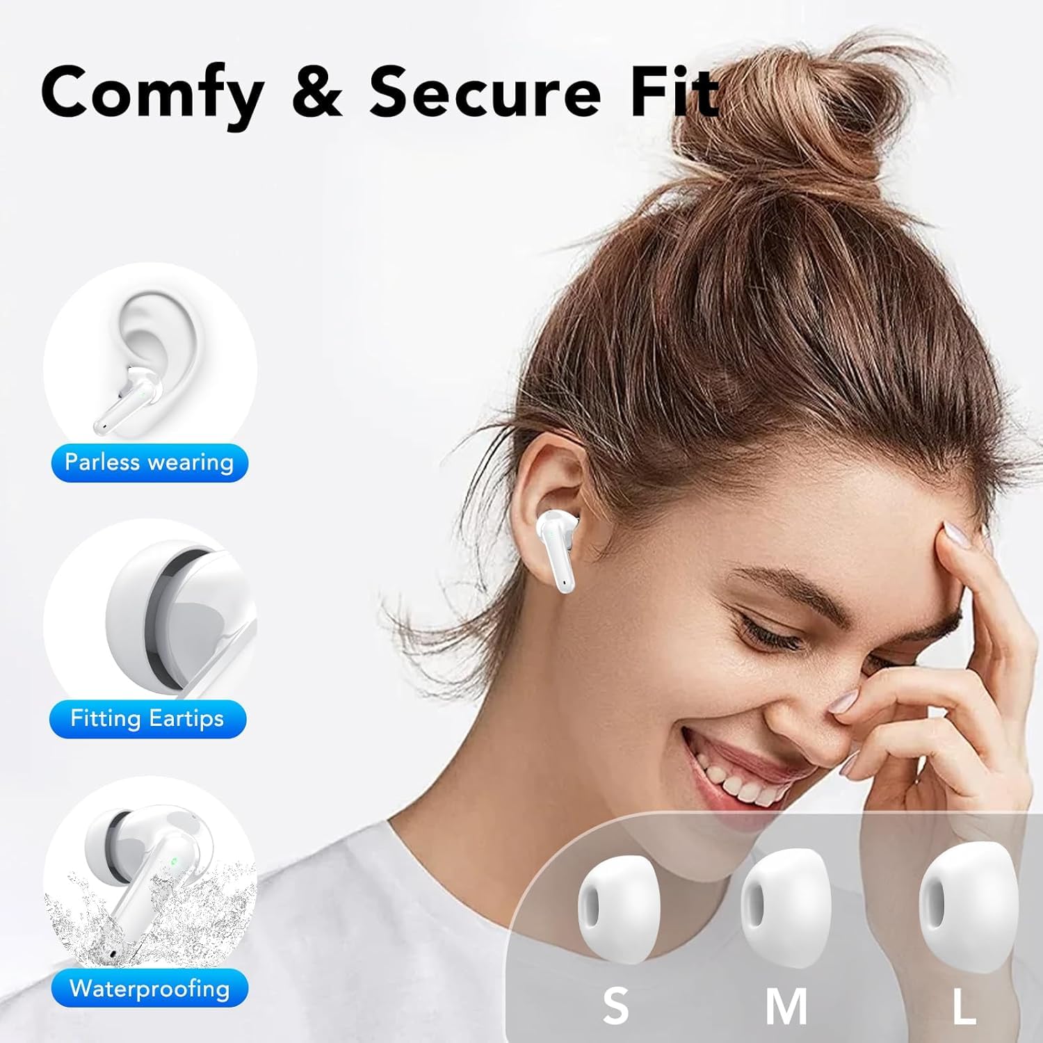 Ecouteurs Bluetooth Sans Fil, 50H Écouteurs Sans Fil Bluetooth 5.4, HiFi Stéréo, Ecouteurs sans Fil avec ENC Mic, IPX7 Étanche Oreillette Bluetooth Sans Fil, Écran LED, Ajustement Confortable（Blanc）