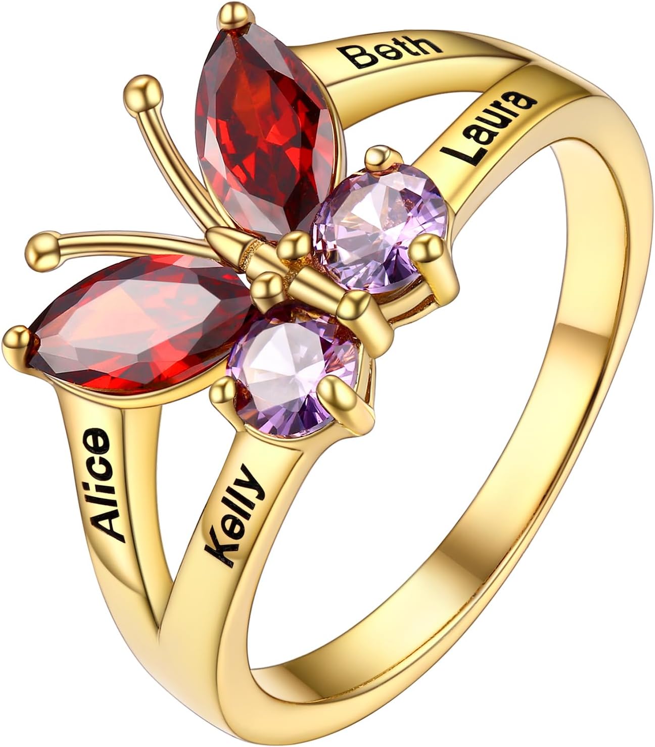 PROSILVER 925 Sterling Silver Butterfly Ring for Women, Personalized Four Birthstones with Names Engraved, Size: #5-#12, Come with Box