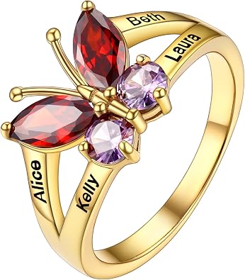 PROSILVER 925 Sterling Silver Butterfly Ring for Women, Personalized Four Birthstones with Names Engraved, Size #5-#12, Come with Box