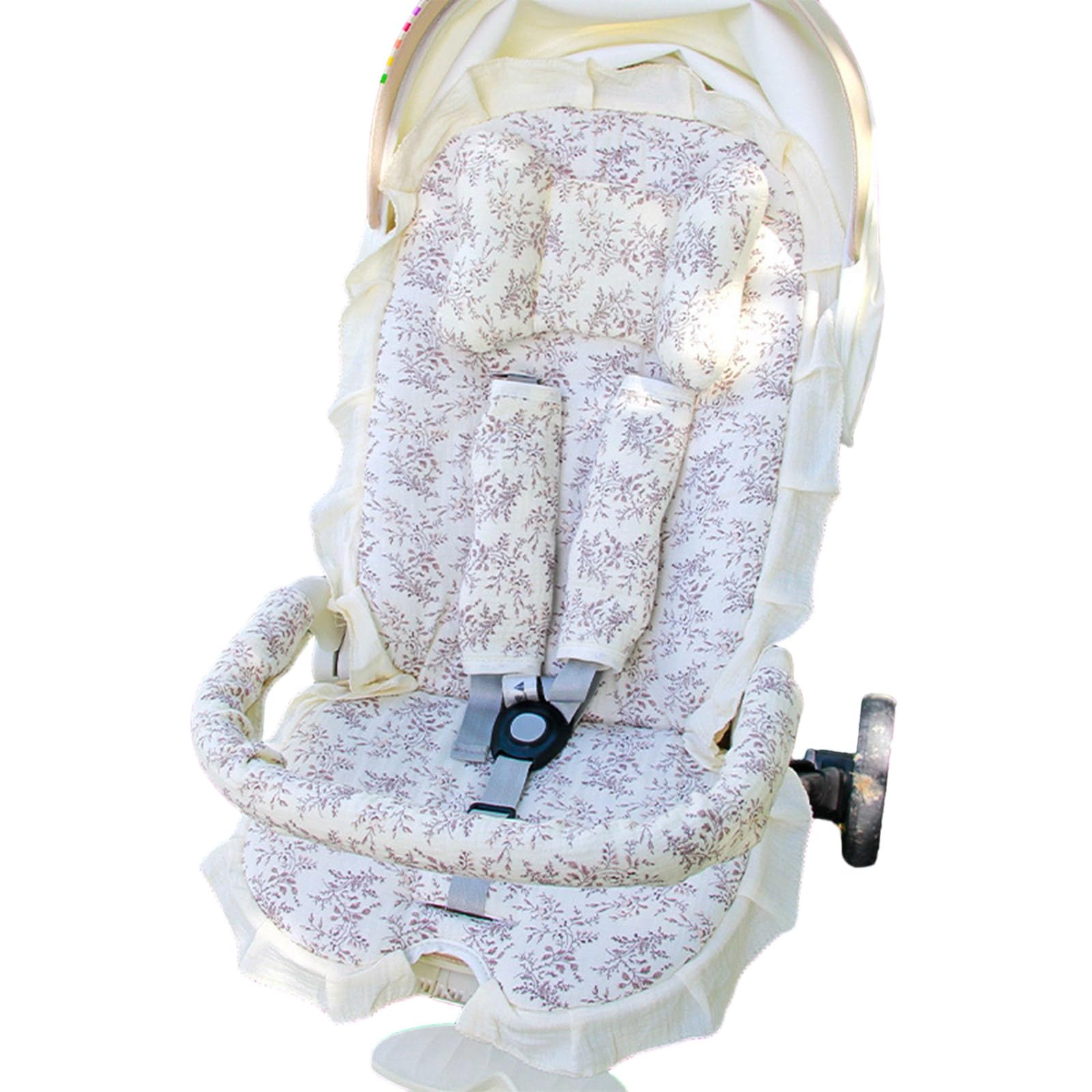 Ensemble de 2/3 / 4 coussins pour poussettes garnis de dentelle avec oreiller, coussin en coton lavable en machine, adapté à la plupart des landaus pour bébés, accessoires de coussin de siège