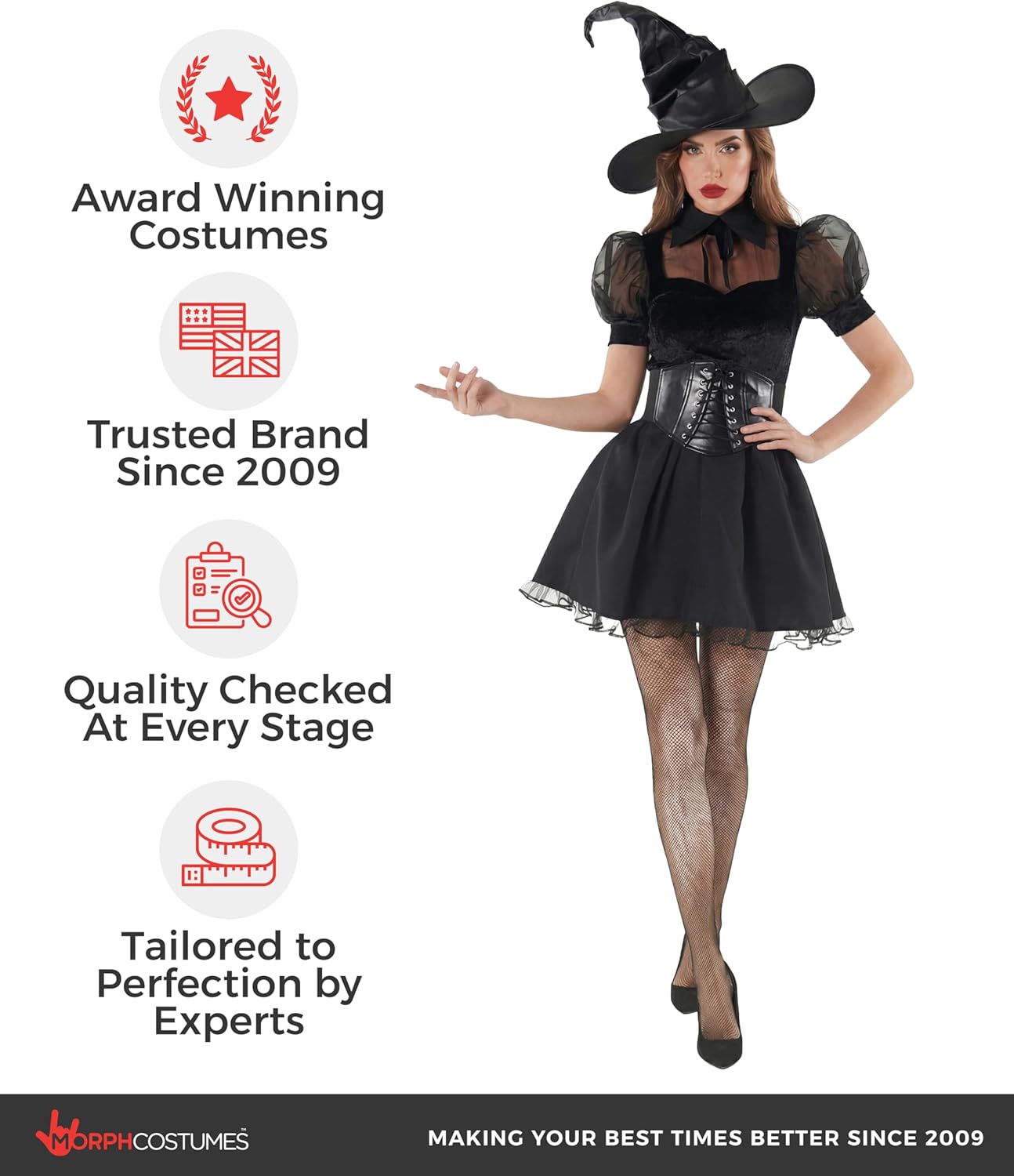 Morph Black Witch Costume Womens With Hat, Black Witch Dress For Women, Halloween Costumes For Women Adult