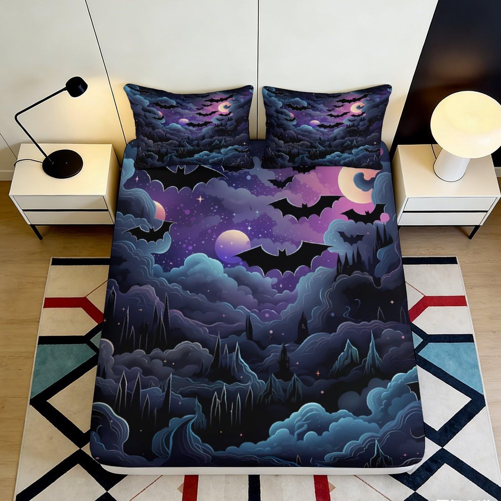 3D Printed Night Sky Fitted Sheet Microfiber Soft Breathable Bat Pattern Mattress Cover for Bedroom Dormitory Guest Room Bed Protection Decor 120x200x25cm