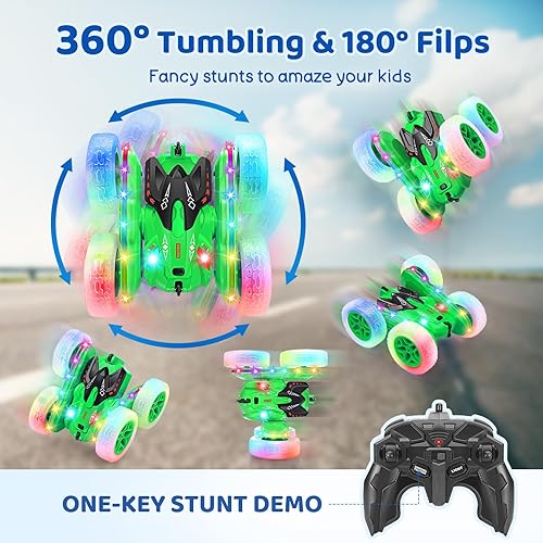 Miniatura 3 de SGILE Coche de control remoto, auto de acrobacias con tira de luz lateral y faros, 2.4Ghz de doble cara 360 vueltas giratorias, autos RC recargables