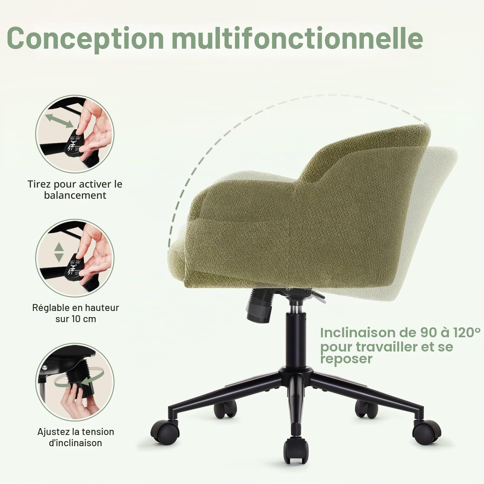 IWMH Chaise de Bureau avec roulettes,Fauteuil de Bureau avec accoudoirs