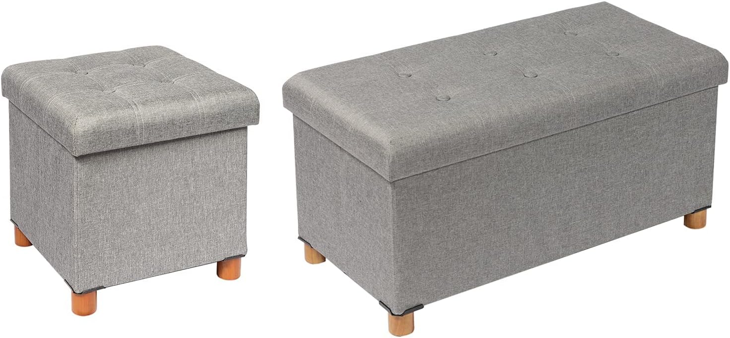 B FSOBEIIALEO Storage Ottoman with Tray, Foot Stools and Ottomans with Wooden Feet, Storage Cube Seat Linen Grey