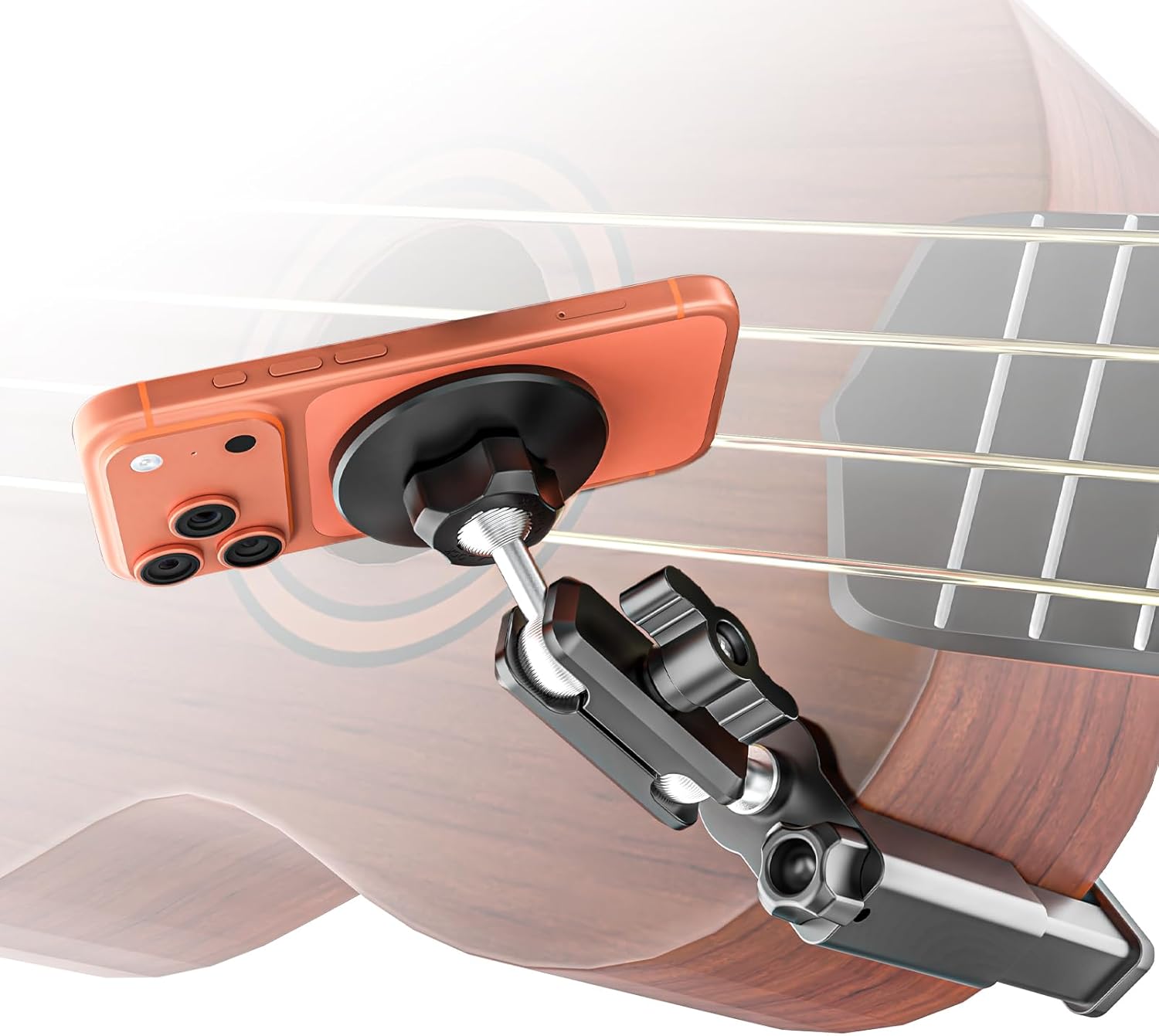 Magnetic Guitar Phone Holder, 360° Rotatable Metal Arm Guitar Phone Mount, Stable Phone Clamp for Digital Sheet Music, Teaching, Live Streaming, Fits iPhone & Android Smartphone