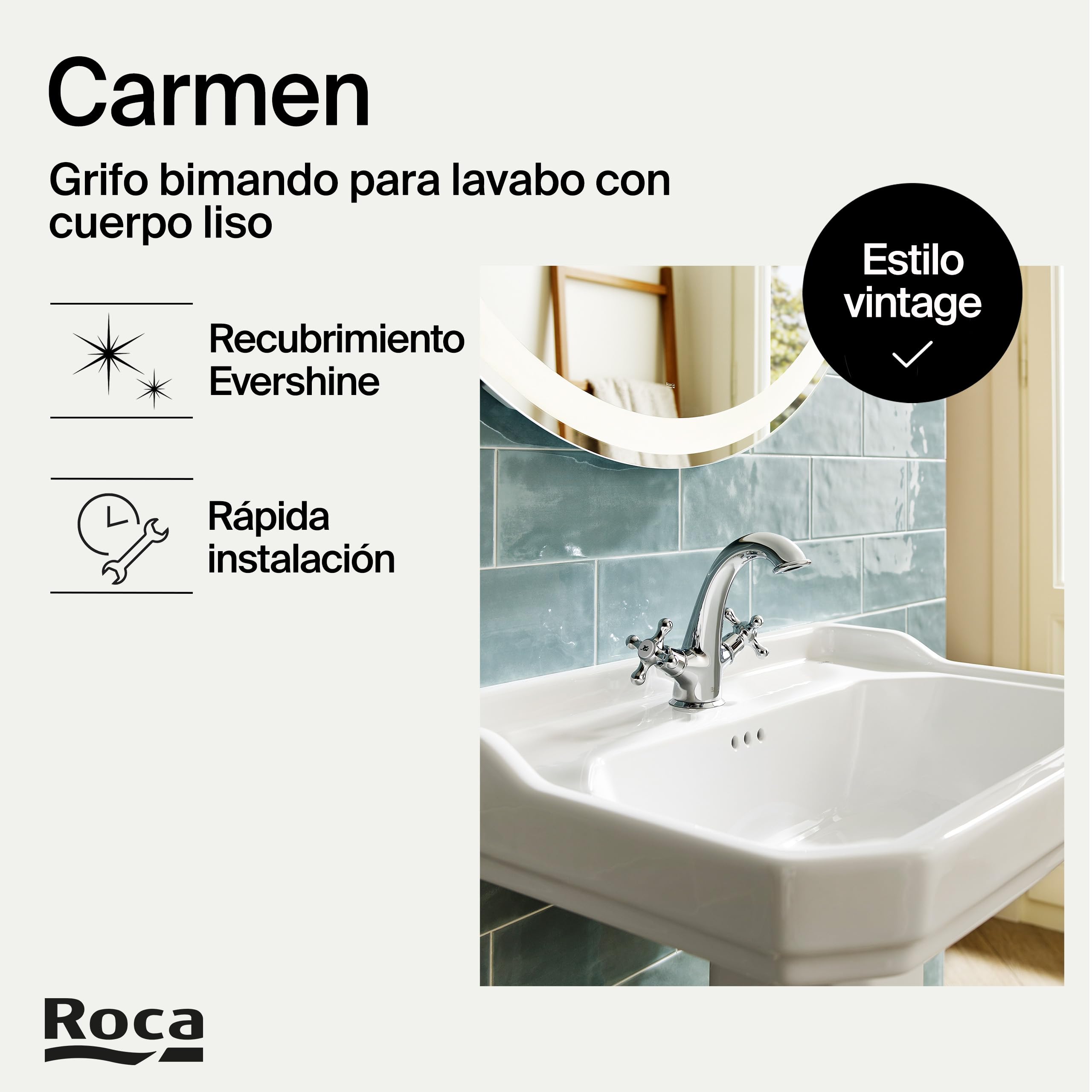 Roca Carmen Grifería para lavabo retro de fácil instalación, grifo bimando vintage con enlaces de alimentación flexibles, mezclador para cuarto de baño con desagüe click-clack, cromado, A5A3A4BC00