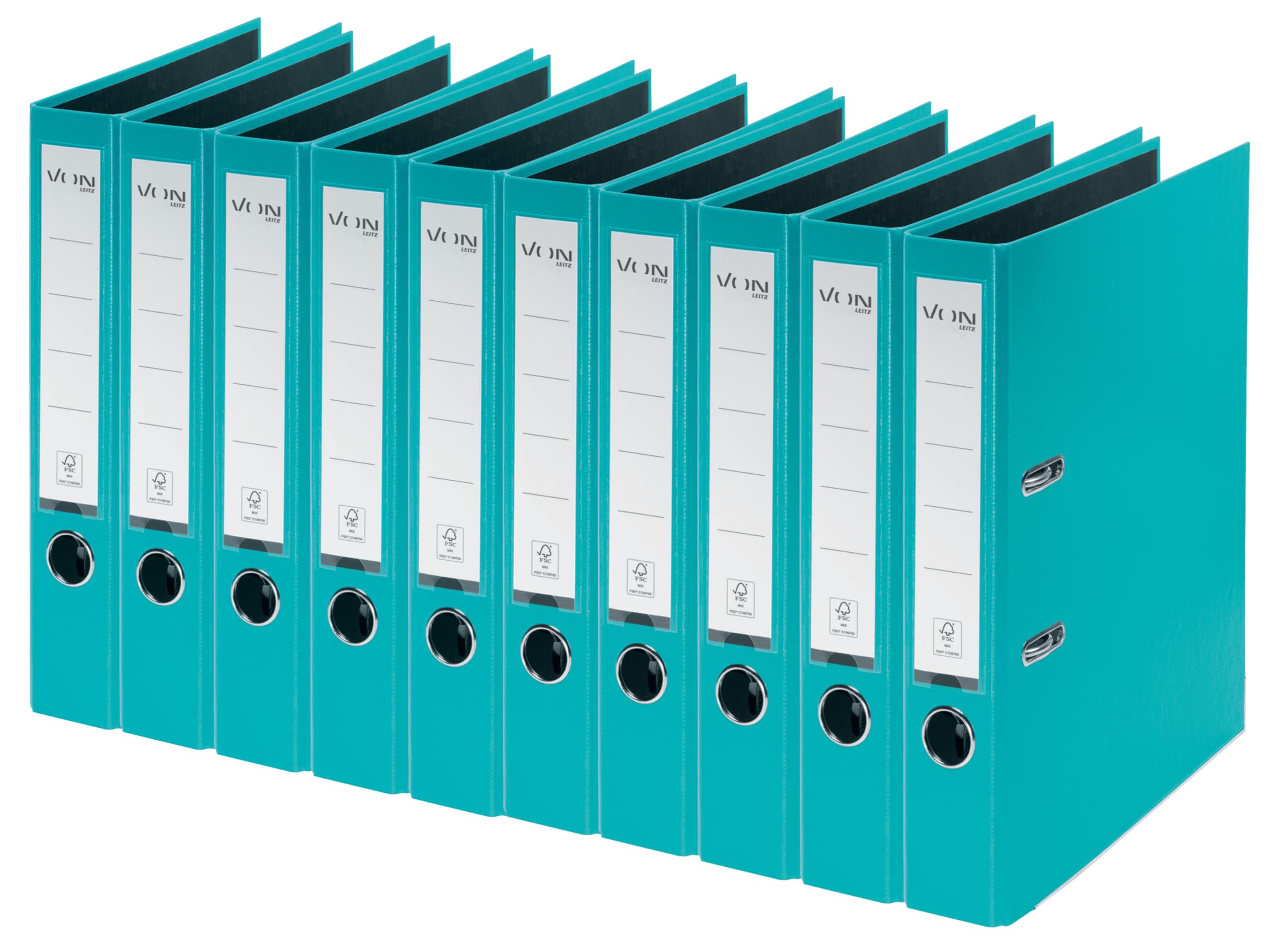 VON Leitz A4 Folder, Pack of 10, Cardboard with Plastic Cover, 50 mm Spine Width, for 350 Sheets, Blue Angel & FSC Certified, for School, Study & Home, Turquoise, 10560052
