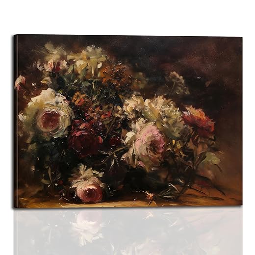 YSDPIC Dark Romantic Floral Oil Painting, 16x24 Inch Vintage Wall Art with Frame, Baroque Flower Print Still Life Artwork for Living Room Bedroom Hallway – Retro Elegance Wall Decor