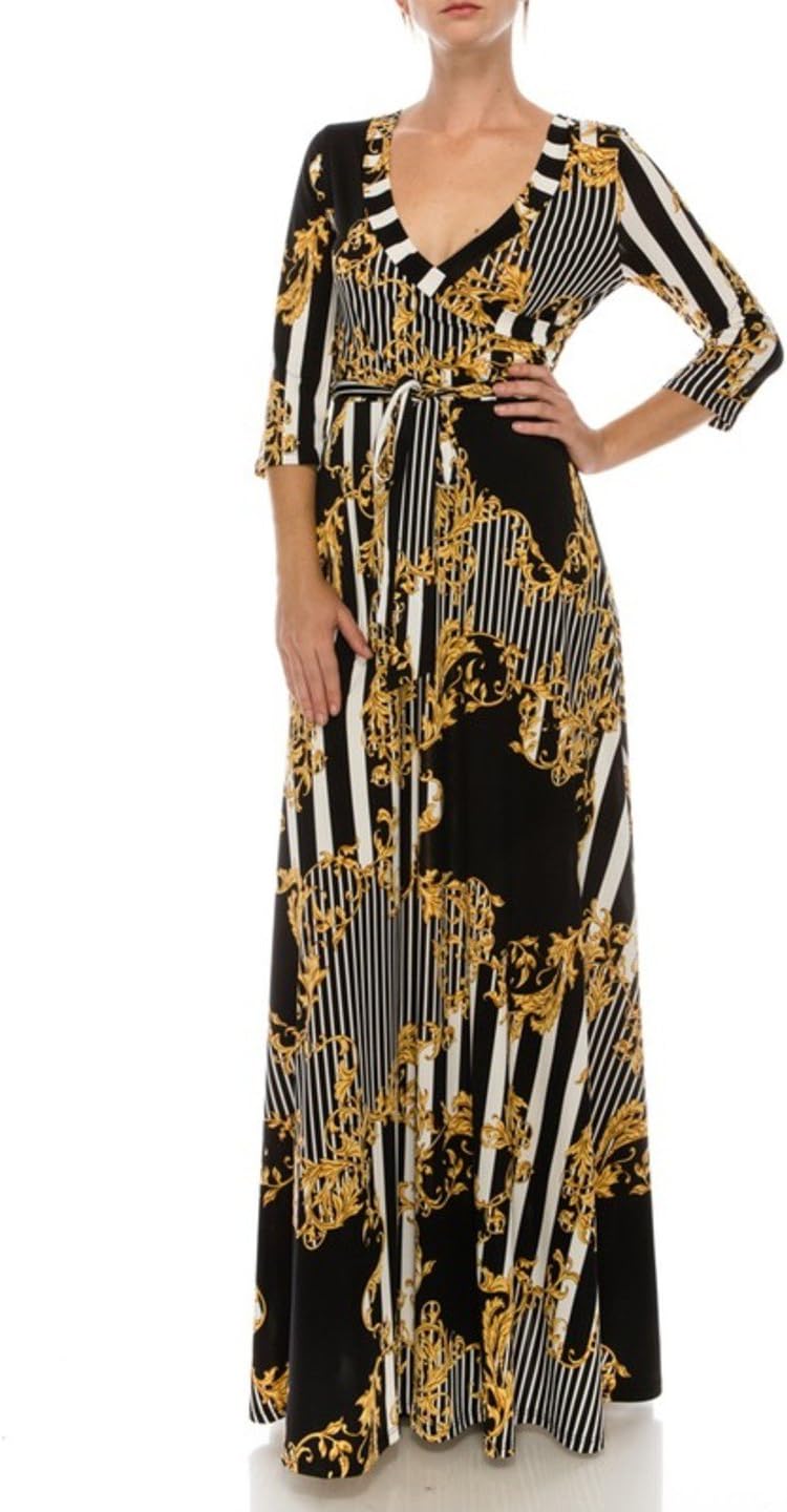 Women's Super Stretchy Maxi Party Dress Spring Floral Print Faux Wrap 3/4 Sleeve V-Neck - Image 2