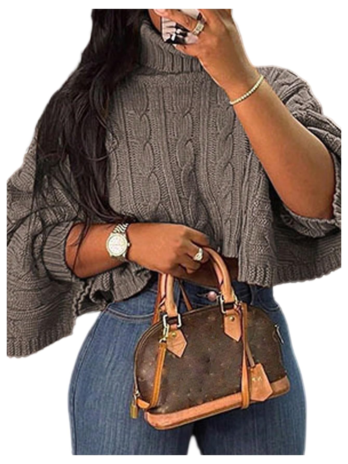 Womens Turtleneck Cable Knit Sweater Asymmetrical 3 4 Sleeve Cropped Cape Sweaters