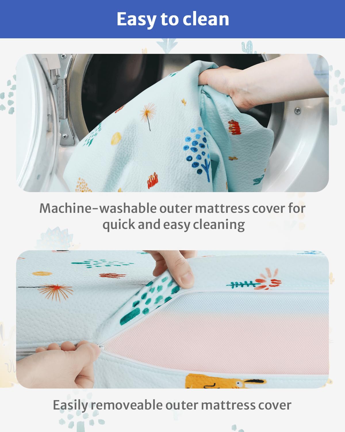 Blissful Diary Dual-Sided Crib Mattress & Toddler Mattress, Waterproof Washable Ultra-Soft Cover, Memory Foam Baby Mattress for Crib, Standard Mattress for Toddler Bed, Woodland Animal Rainbow Sheet