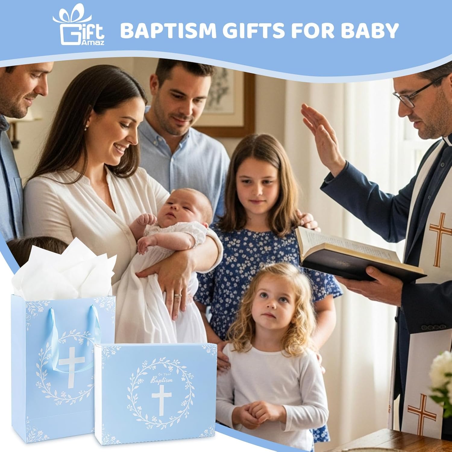 GiftAmaz Baptism Gifts Set for Boys, Christening Dedication Gifts with Hooded Baby Towel, Sensory Cloth Book & Socks, Catholic Baptism Gift Basket for Newborn Baby, Infant, Godparents
