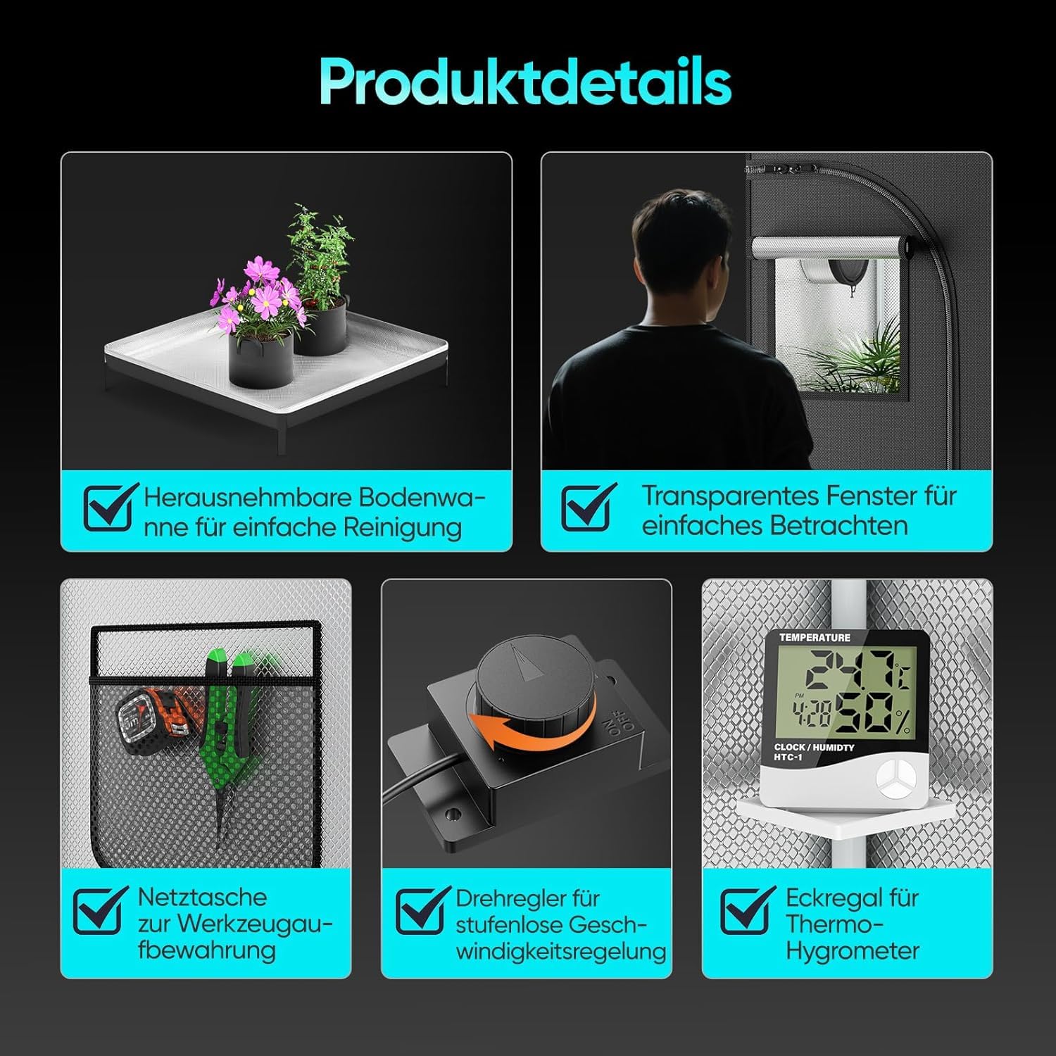 Growzelt Komplettset mit M1000 LED Vollspektrum Grow Lampe 60x60x140cm Grow Tent 4" 215 CFM 3000RPM Ruhiges und Effizientes Belüftungssatz, 4-Gang-Lüfter, Hydroponics Indoor Growing Tent Set