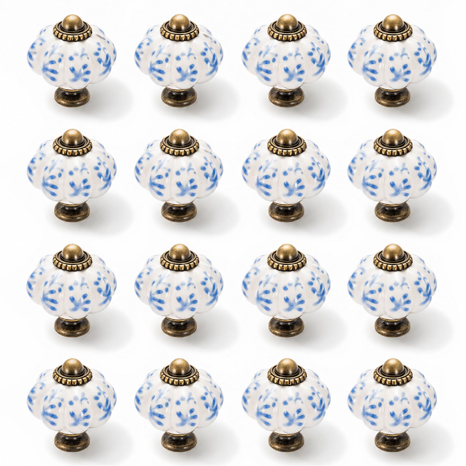 Sunnynest White Blue 16 Pack Ceramic Knobs Vintage Pumpkin Drawer Knobs, Ceramic Door Knobs For Cupboards & Drawers, Kitchen Cabinet Knobs With Screws, Decorative Wardrobe Pull Handles (White Blue)
