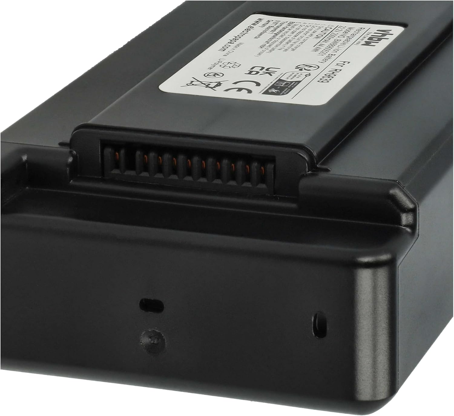 Top view of the vhbw battery showing the connector pins, ready for installation.