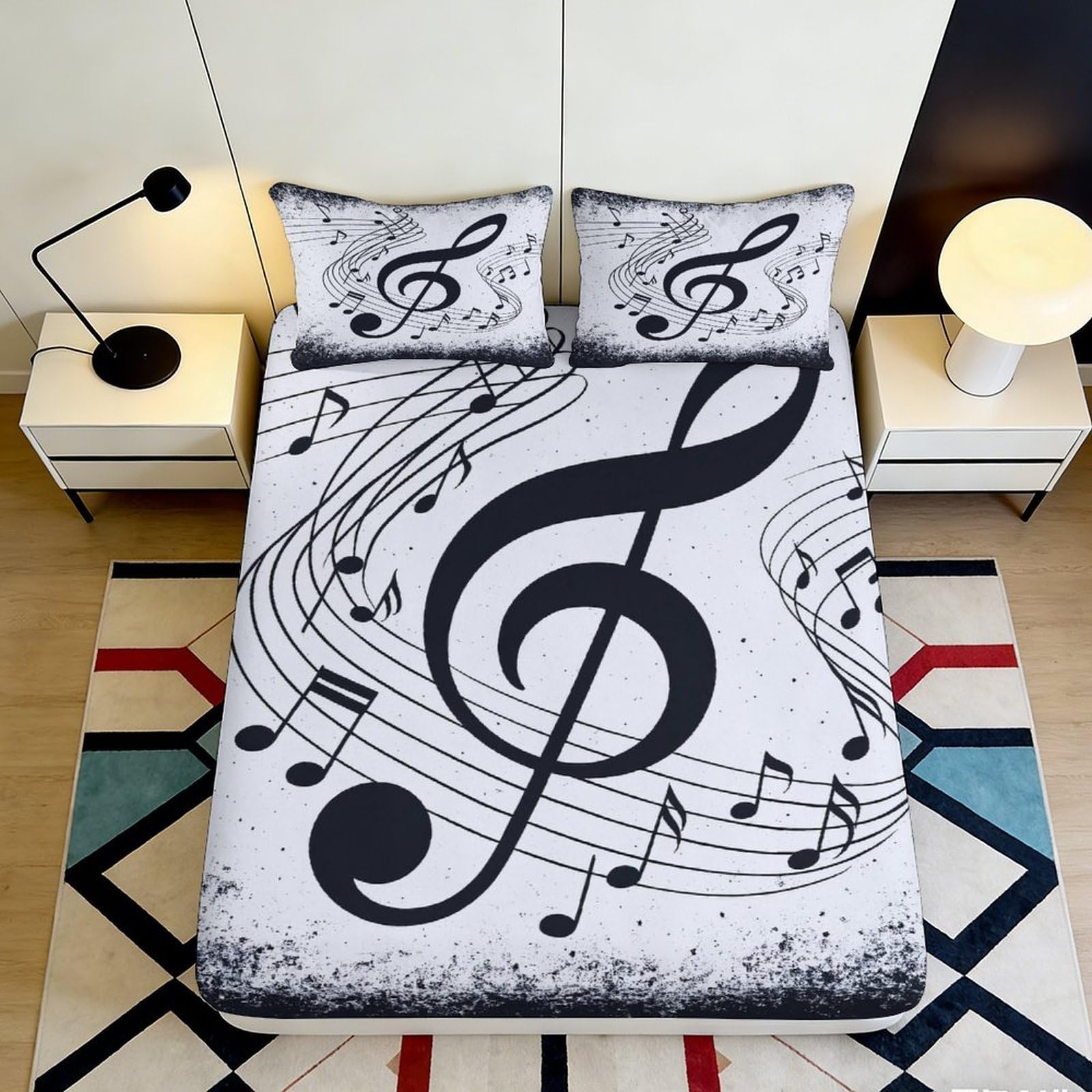 3D Printed Music Note Fitted Sheet Microfiber Soft Breathable Musical Pattern Bed Cover for Bedroom Dormitory Guest Room Mattress Protection Decor 160x200x25cm