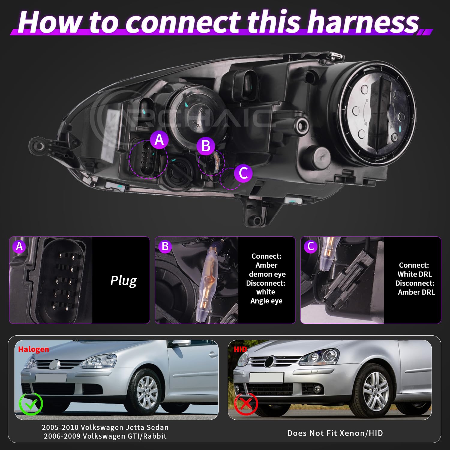 Archaic Reflektory kompatybilne z Volkswagen Golf 5 MK5 2003-2009 i Jetta 1k2 2005-2010, VOLKSWAGEN GTI/RABBIT 2006-2009 nie pasują do XENON/HID, z sekwencyjnymi kierunkowskazami, animacją DRL, z