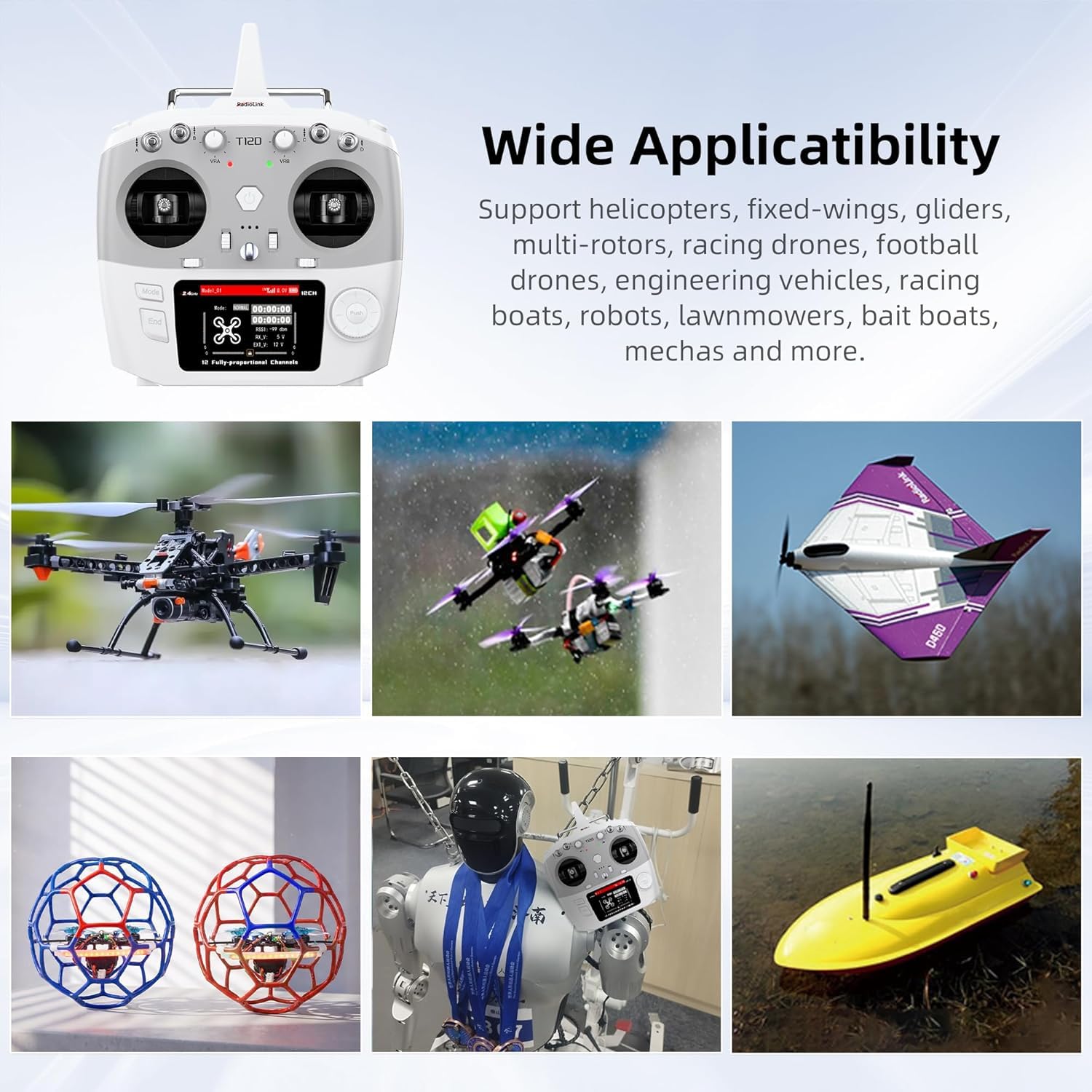 Radiolink T12D V2 12CH RC Fernsteuerung & R12F Empfänger Set, 2.4GHz Fernbedienung mit 4km Reichweite, 50 Modellspeicher, Unterstützt ELRS/TBS Crossfire Modul für Drohne, Flugzeug, Auto, Boot (Mode 2)